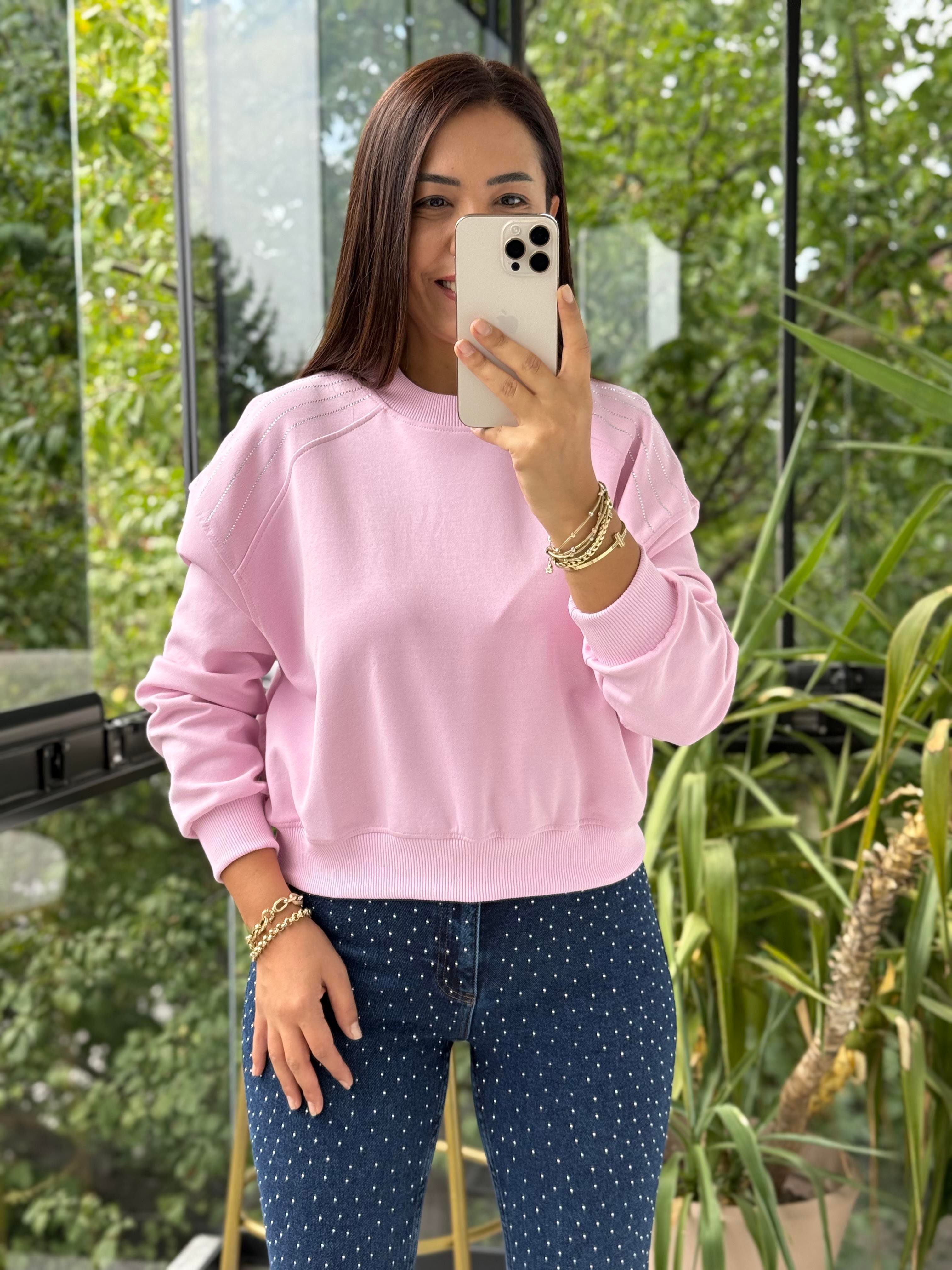 Omzu Sıra Taşlı Sweatshirt Pembe