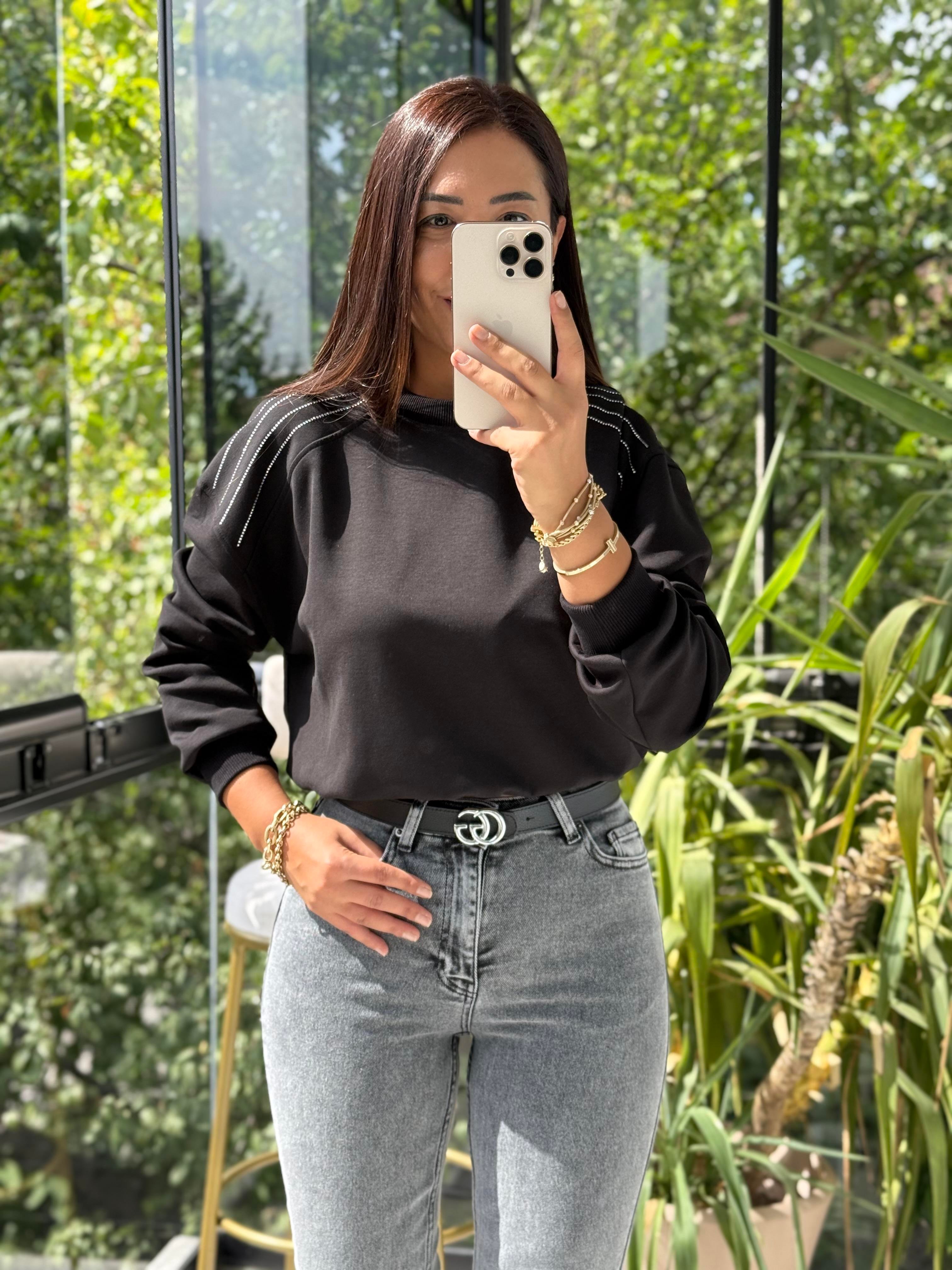 Omzu Sıra Taşlı Sweatshirt Siyah