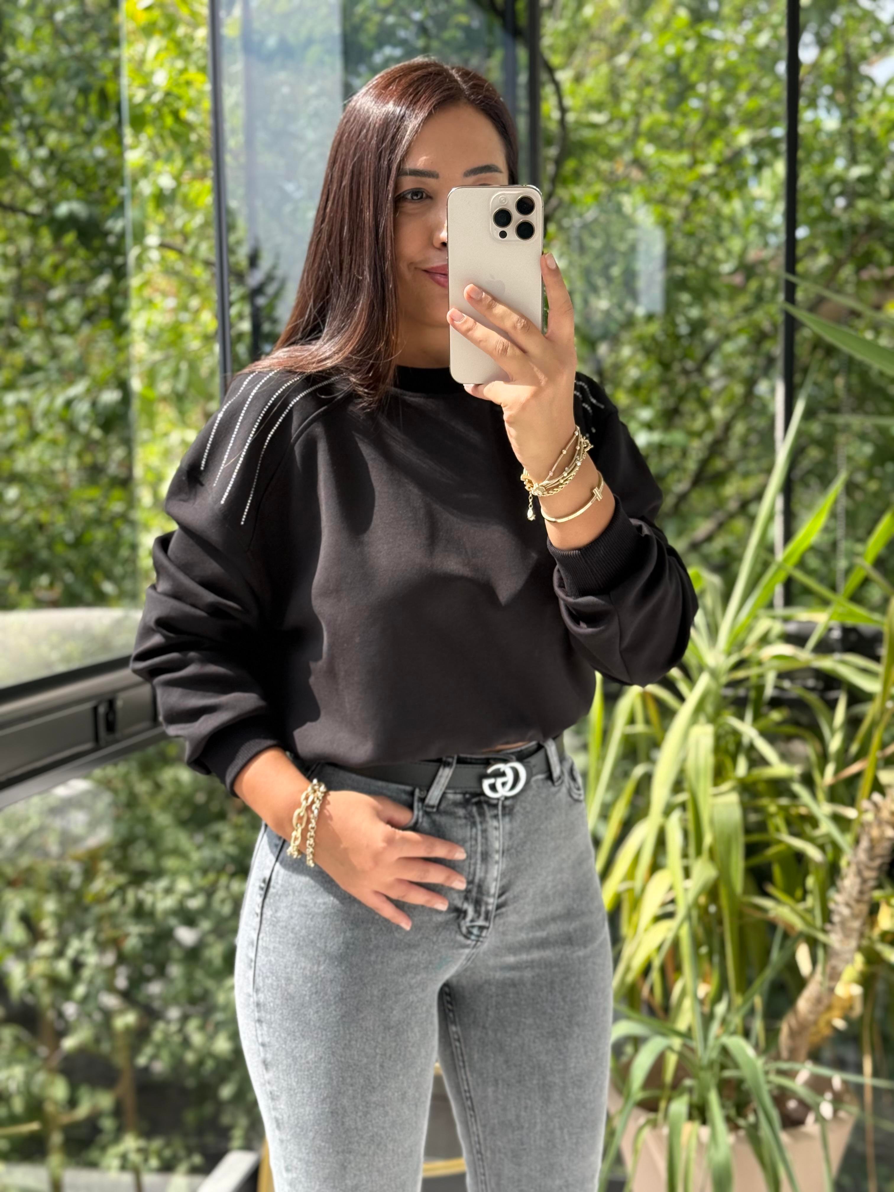 Omzu Sıra Taşlı Sweatshirt Siyah