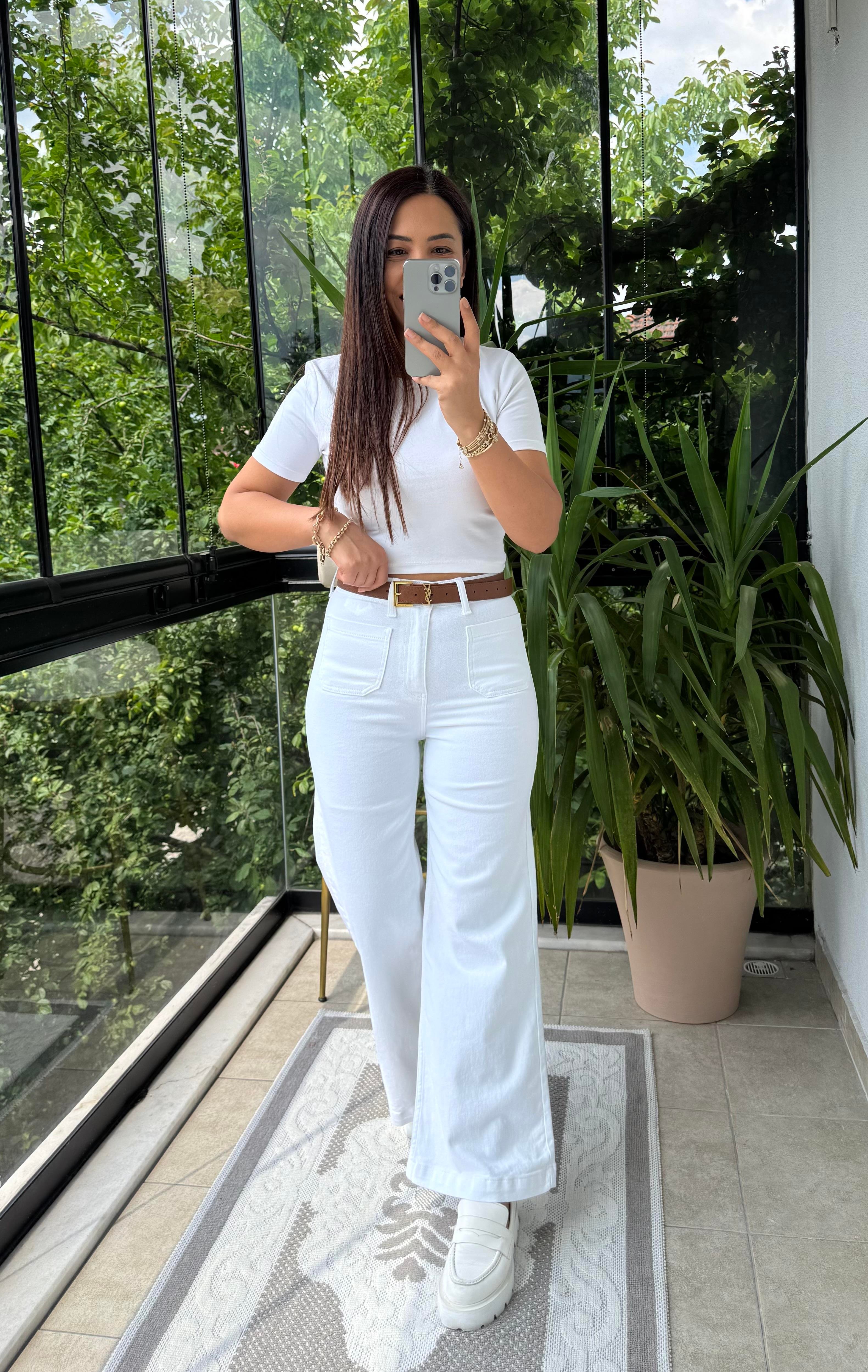 Ön Cep Detaylı Palazzo Jean Beyaz