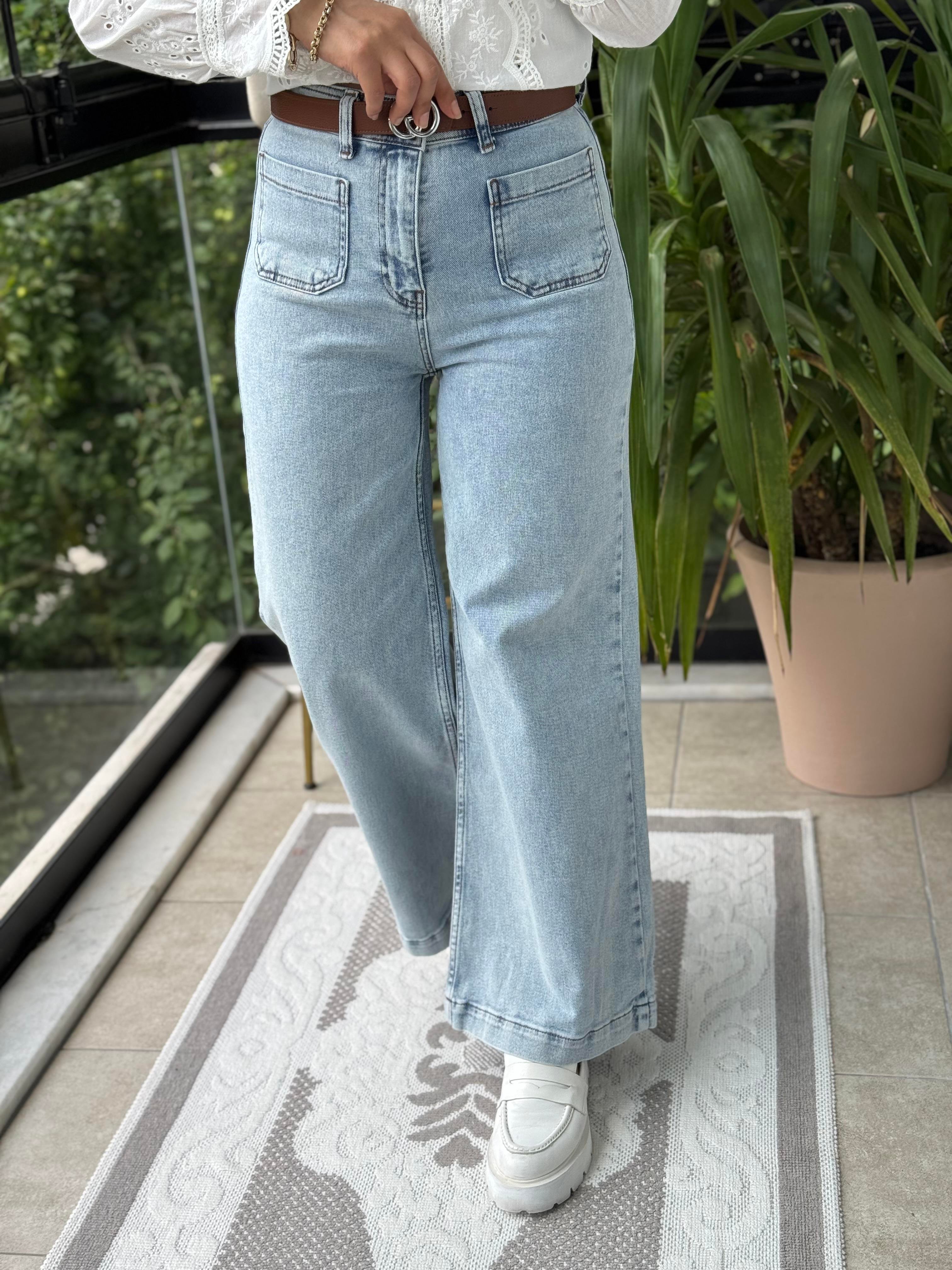 Ön Cep Detaylı Palazzo Jean Kar Yıkama