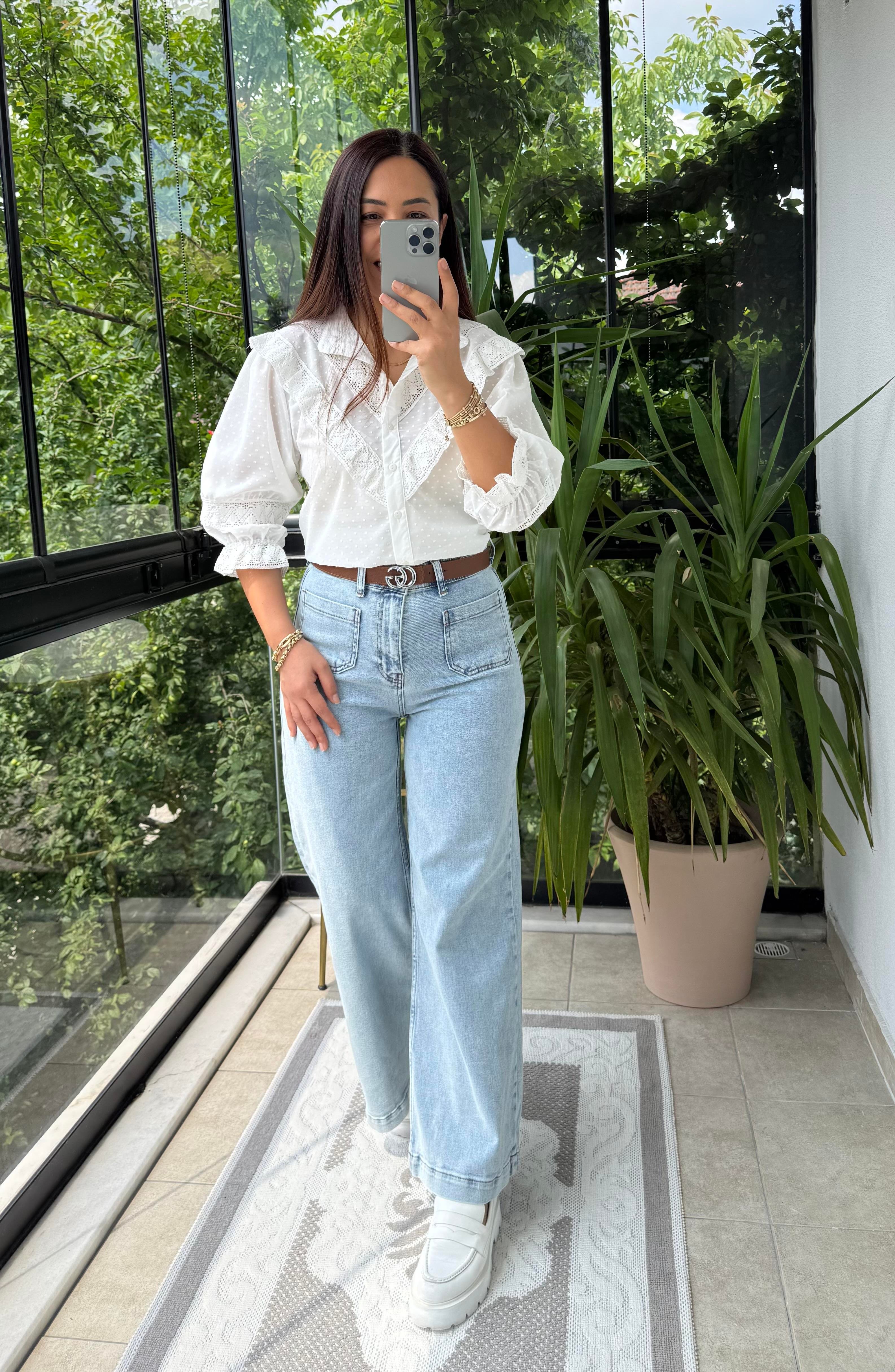 Ön Cep Detaylı Palazzo Jean Kar Yıkama