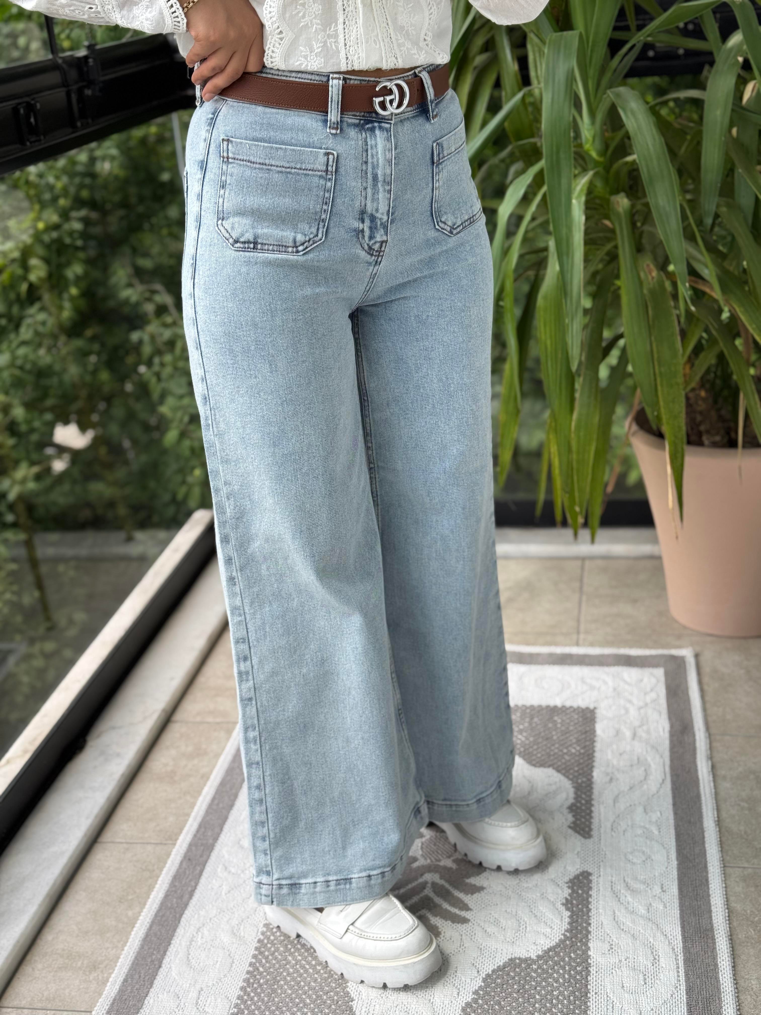 Ön Cep Detaylı Palazzo Jean Kar Yıkama