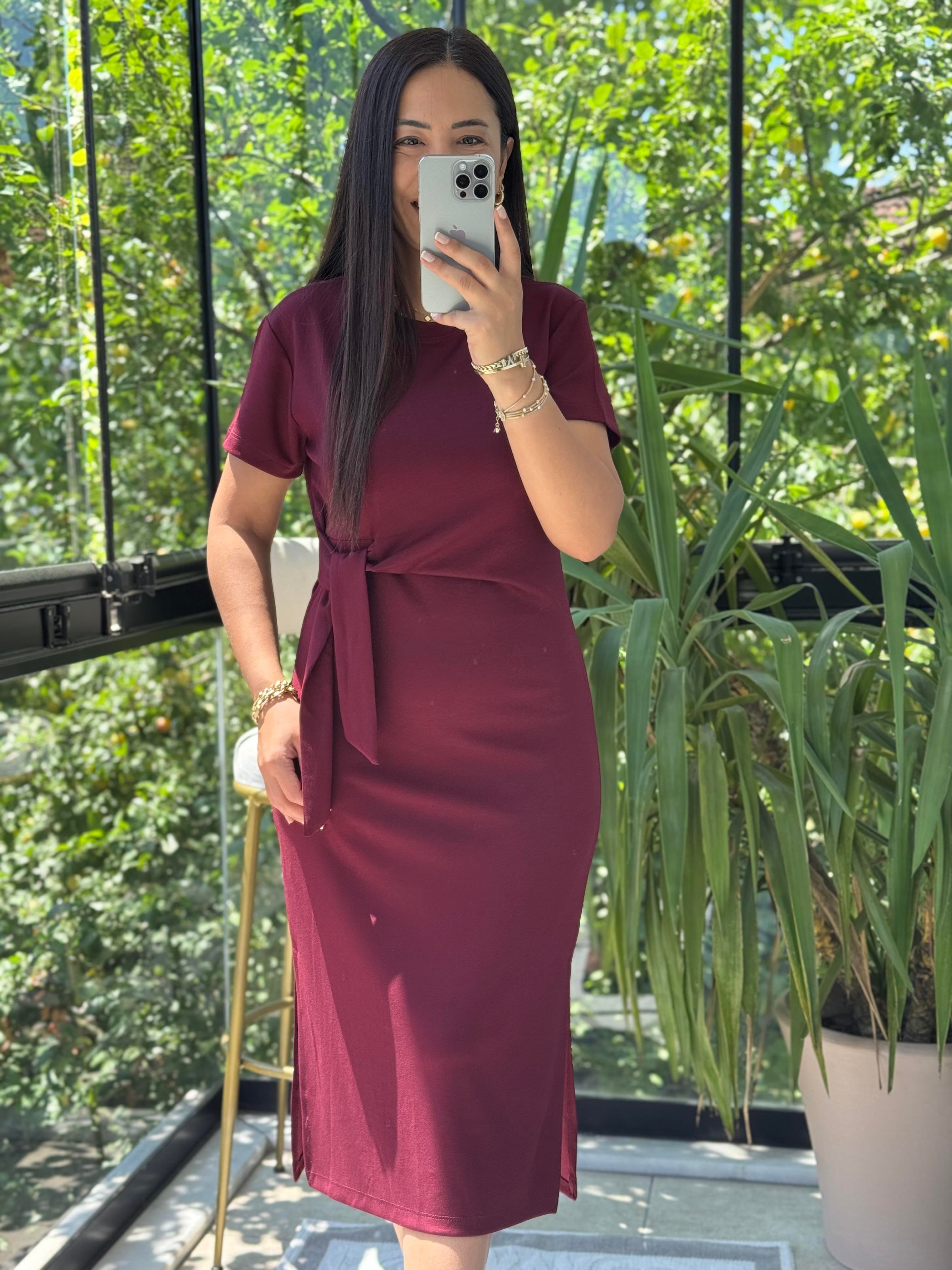 Önü Bağlama Detaylı Modal Elbise Bordo