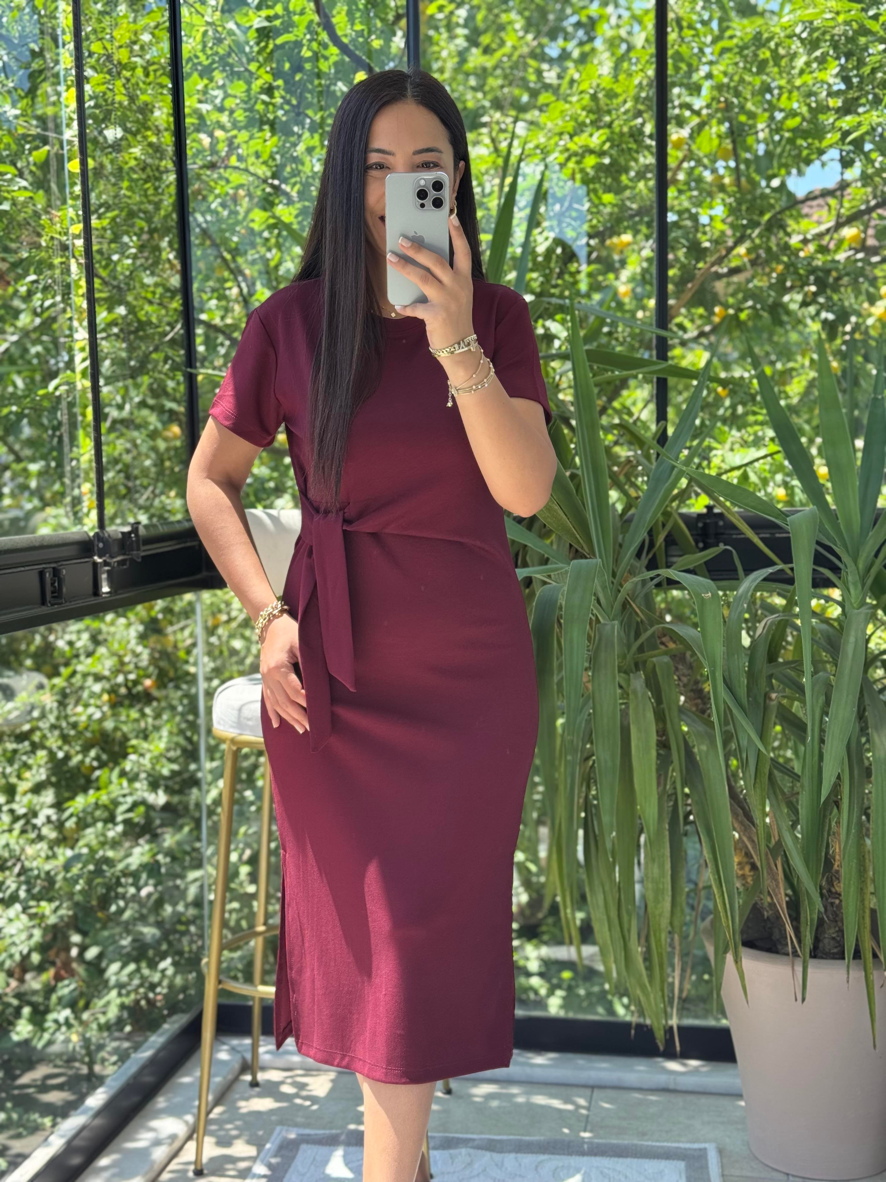 Önü Bağlama Detaylı Modal Elbise Bordo