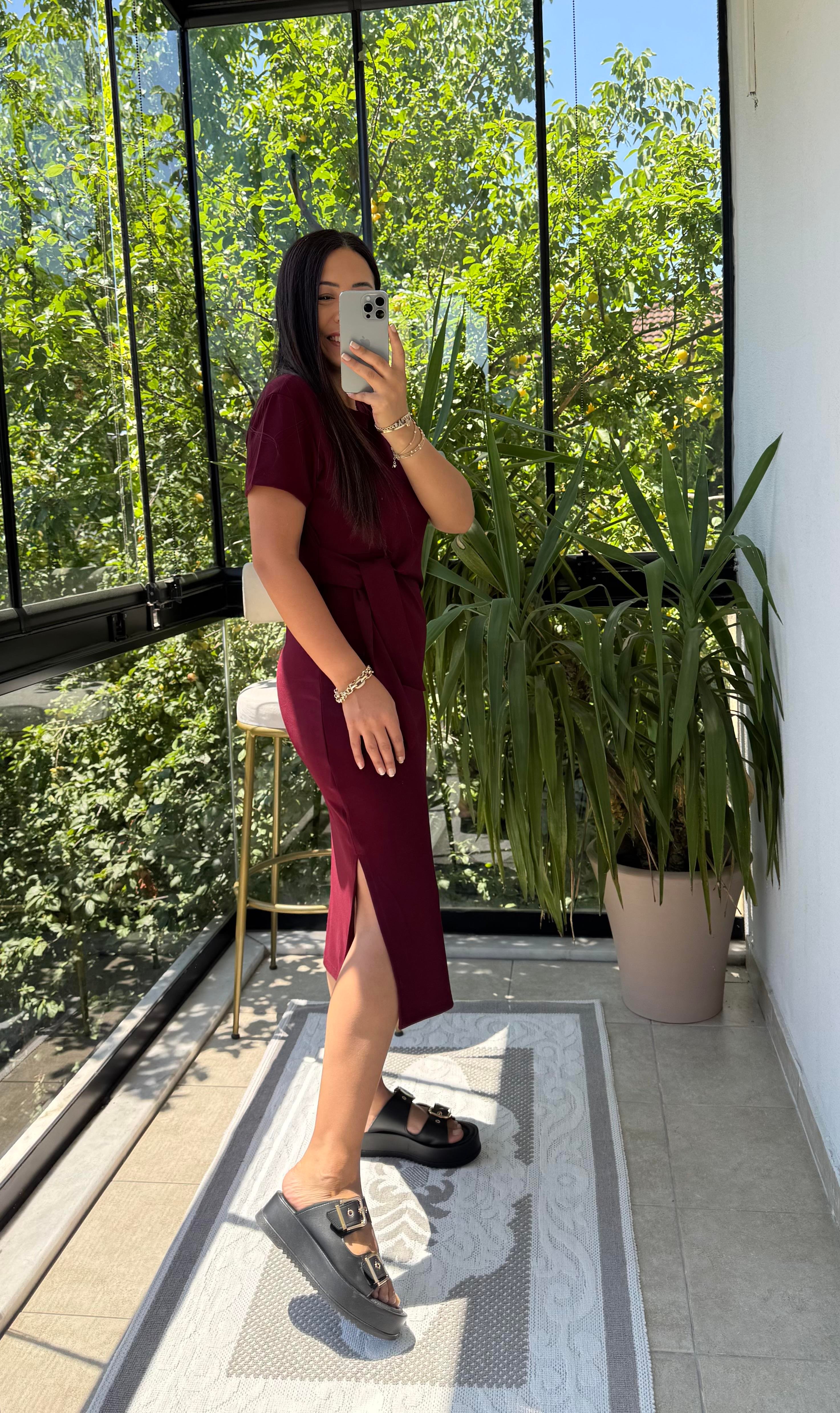 Önü Bağlama Detaylı Modal Elbise Bordo