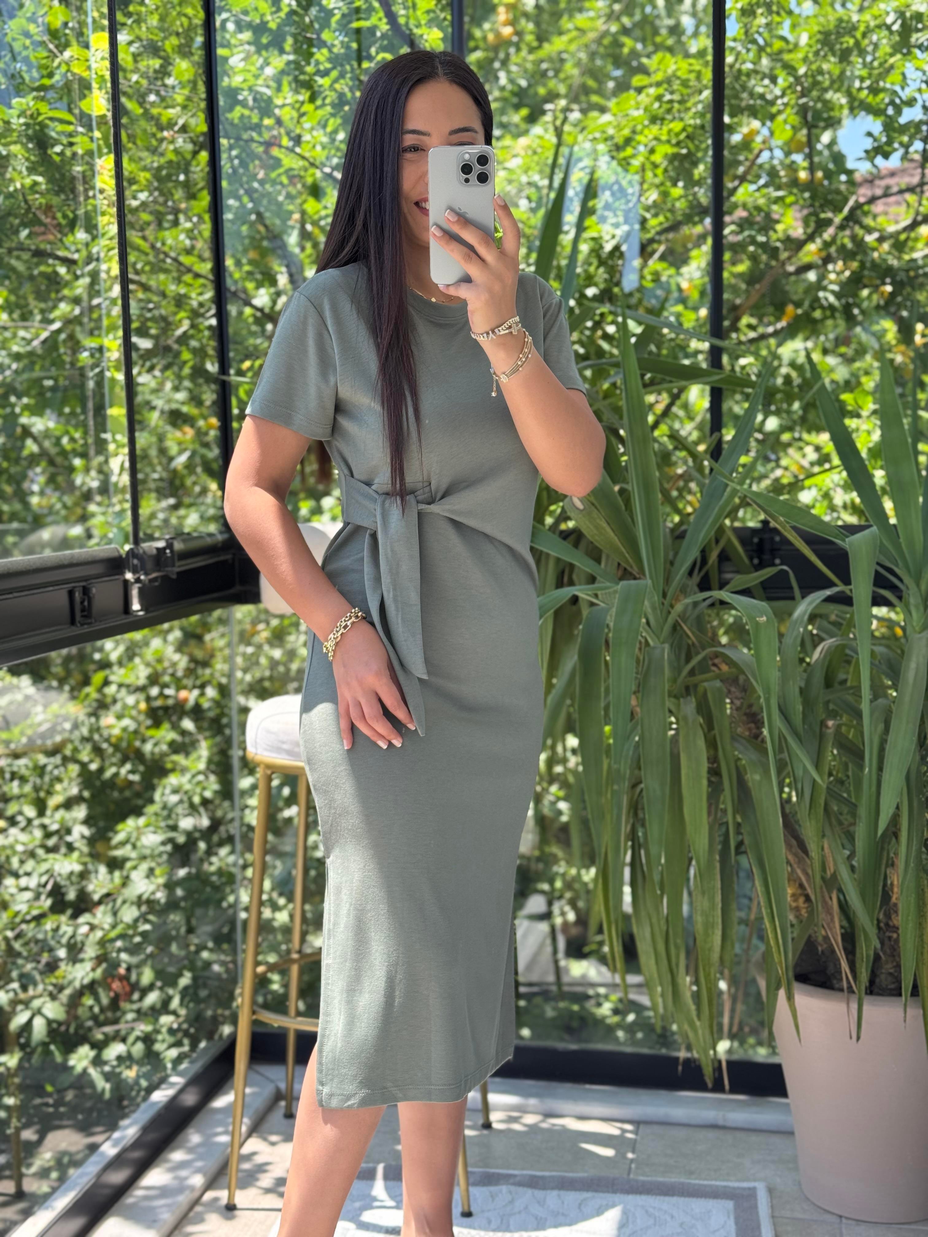 Önü Bağlama Detaylı Modal Elbise Haki Yeşili