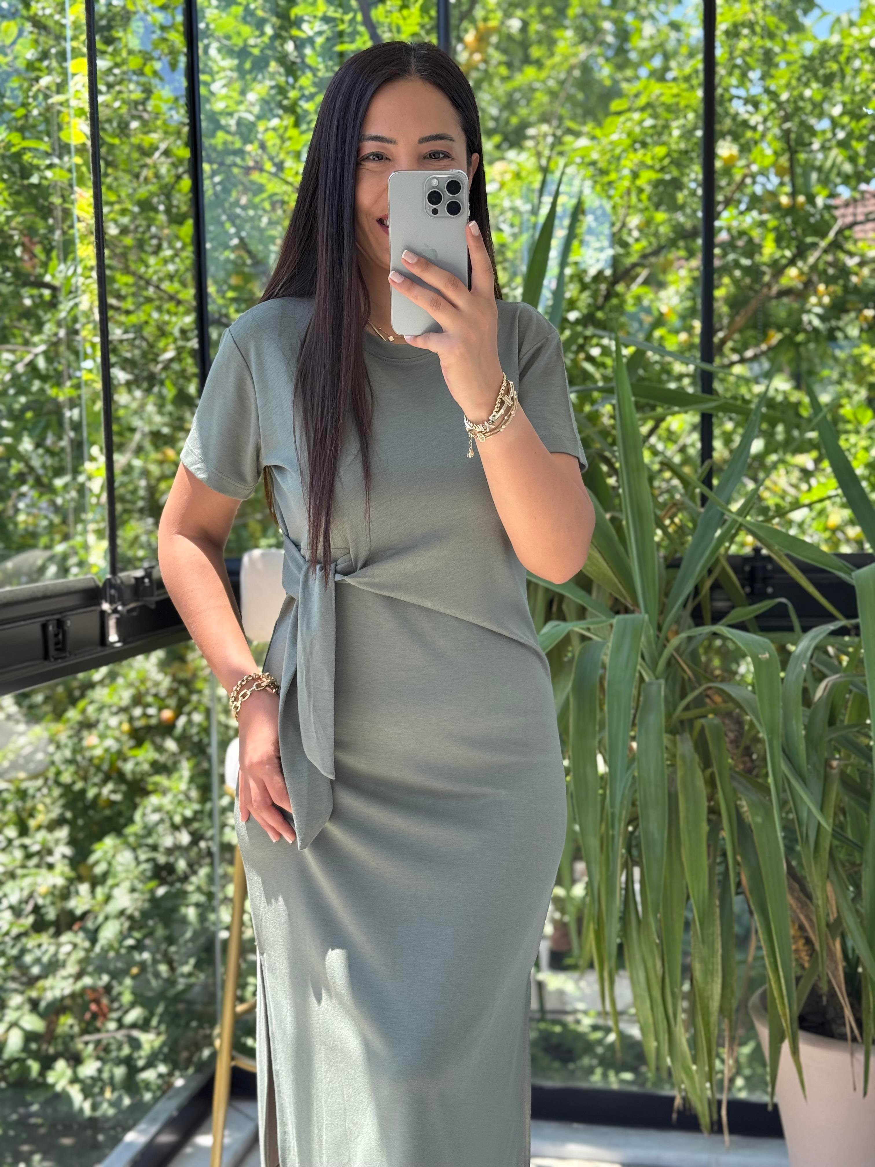 Önü Bağlama Detaylı Modal Elbise Haki Yeşili