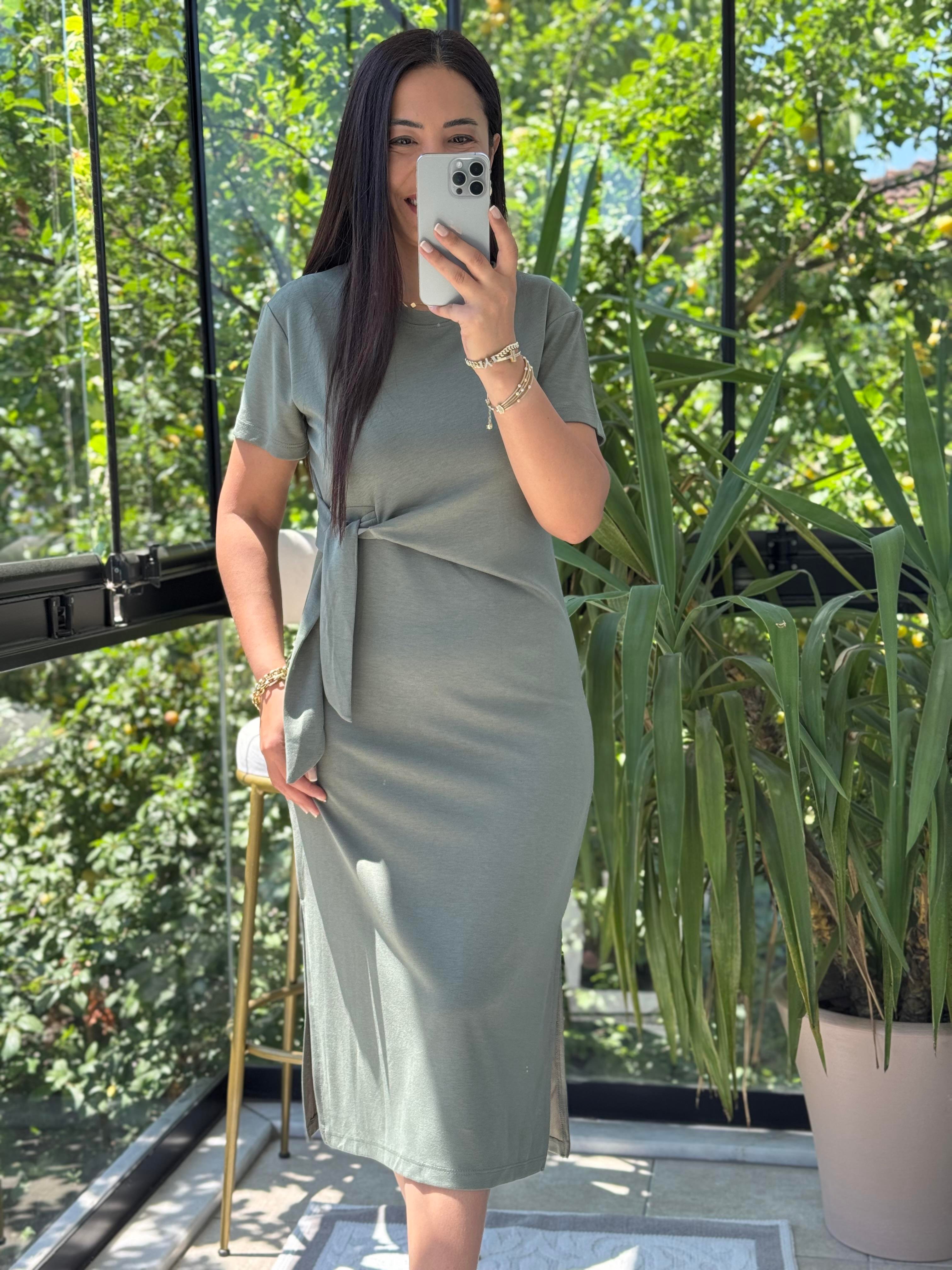 Önü Bağlama Detaylı Modal Elbise Haki Yeşili