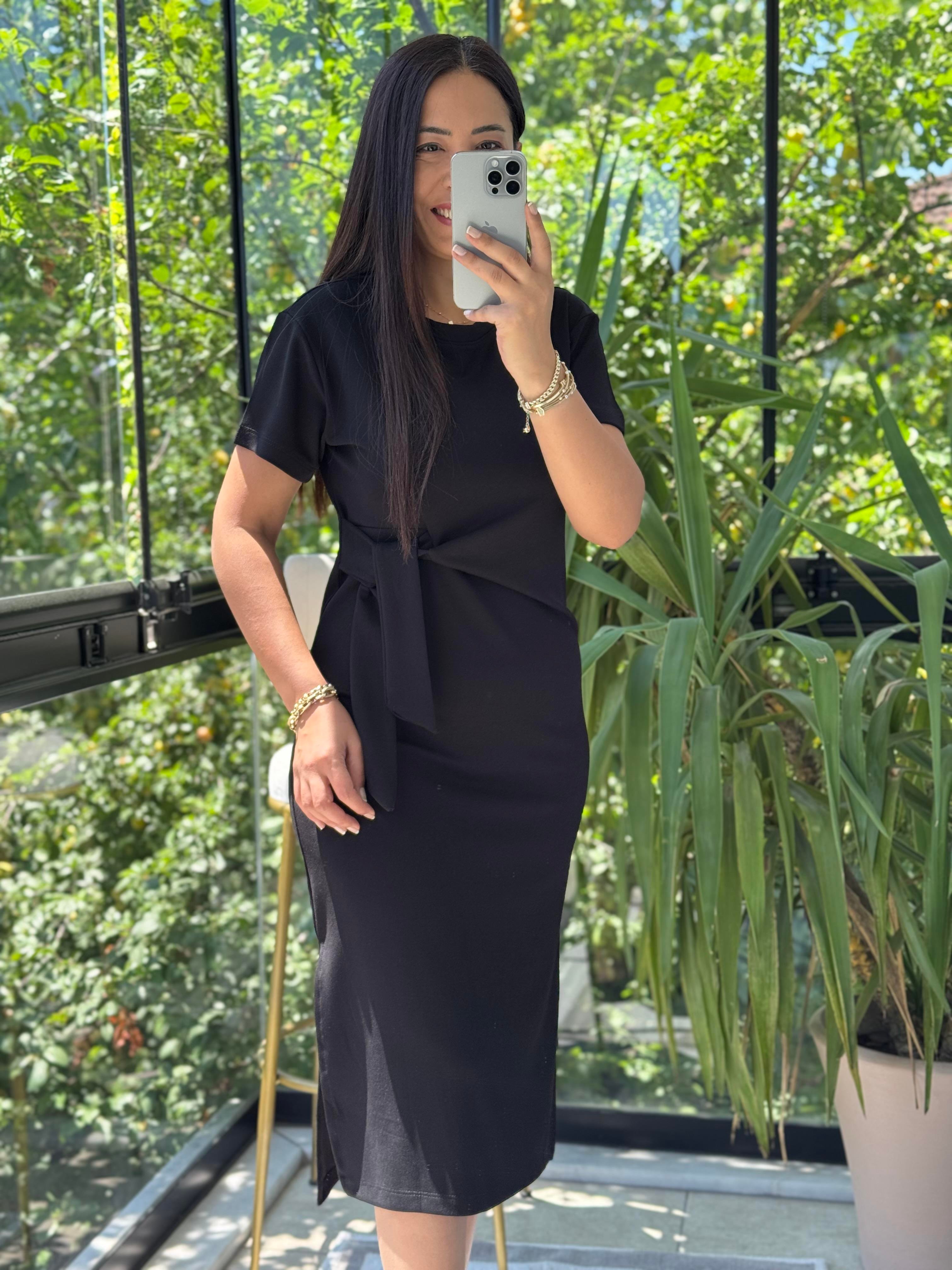 Önü Bağlama Detaylı Modal Elbise Siyah