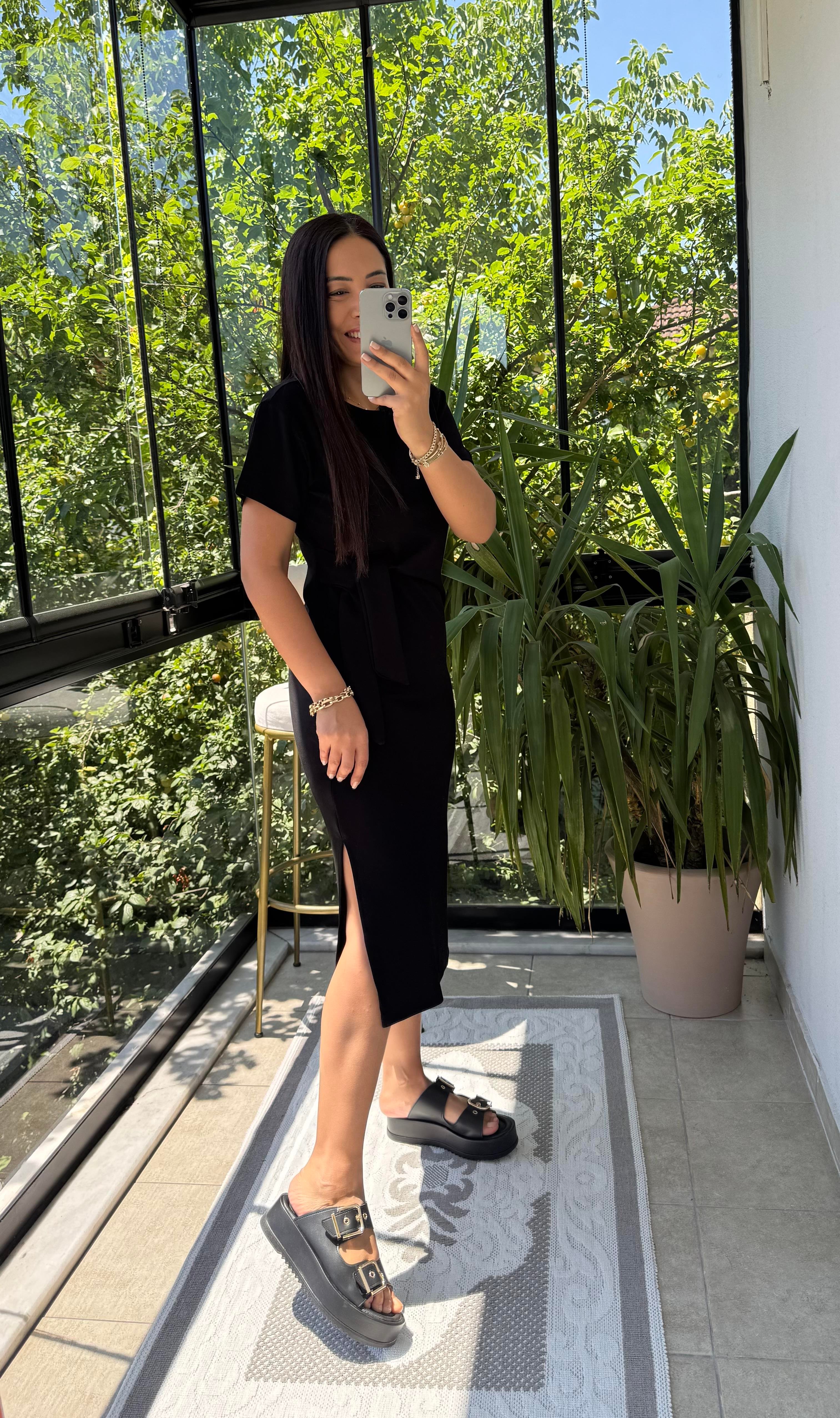 Önü Bağlama Detaylı Modal Elbise Siyah