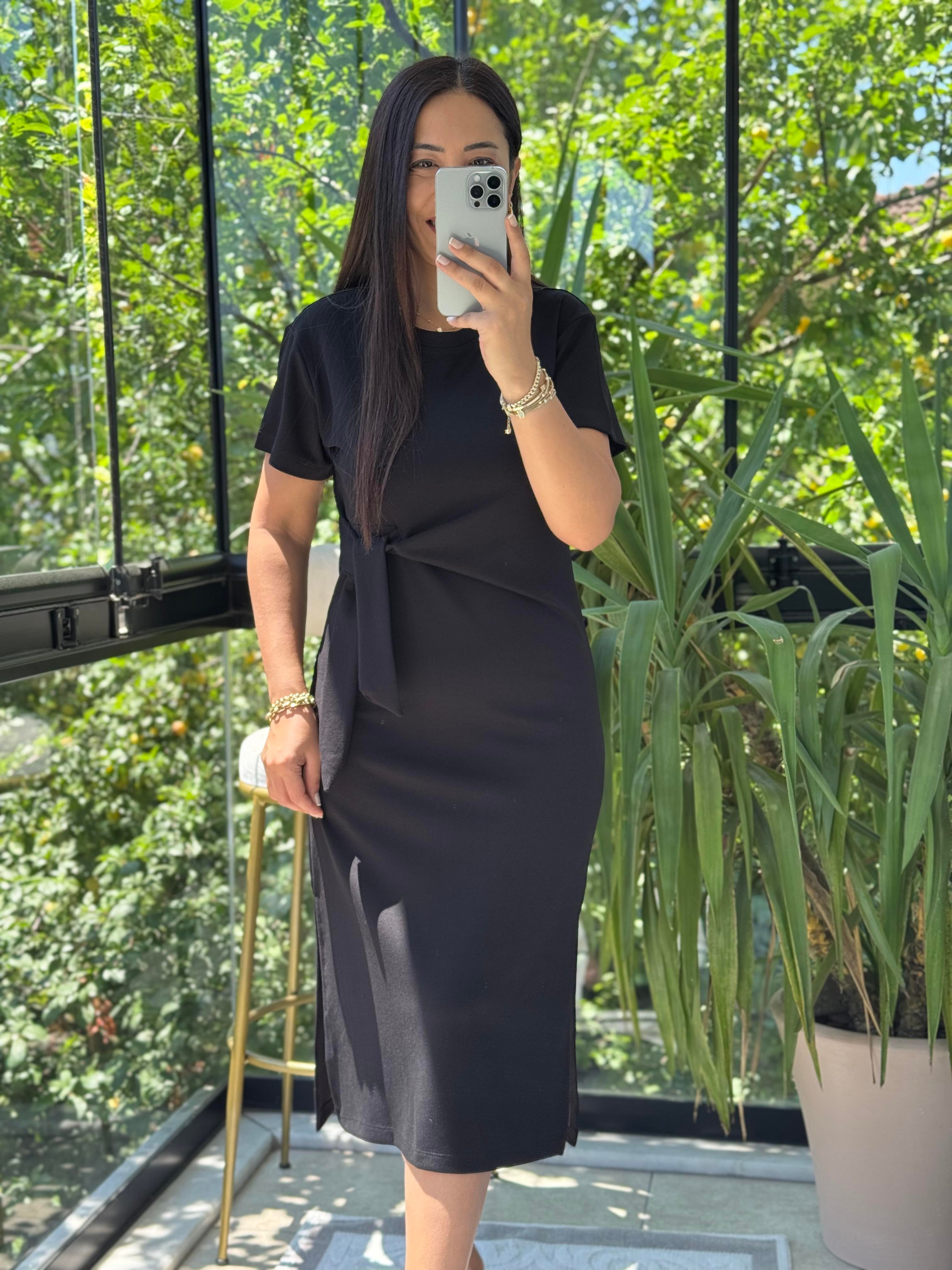 Önü Bağlama Detaylı Modal Elbise Siyah