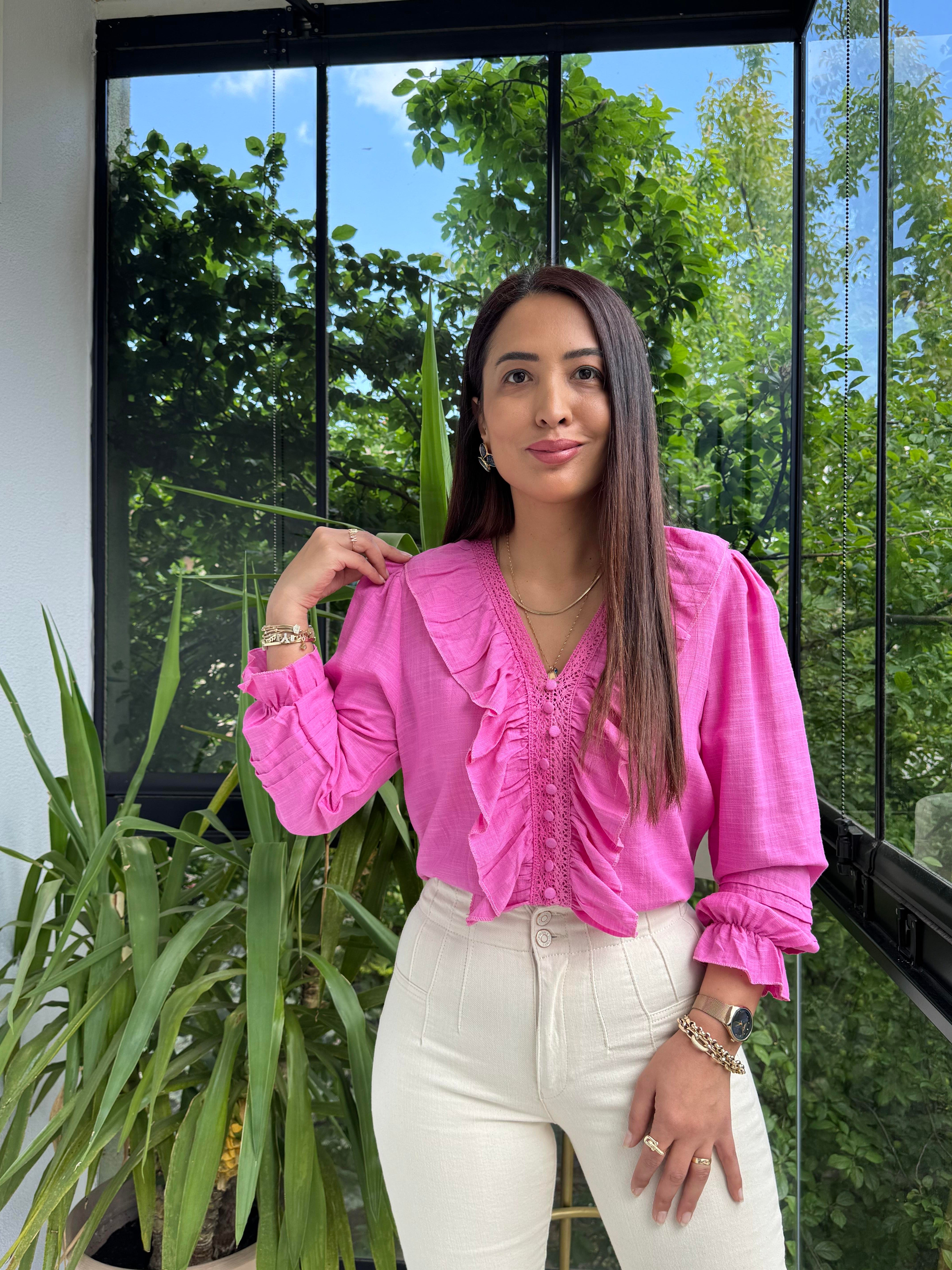 Önü Fırfırlı Bluz Gömlek Pembe
