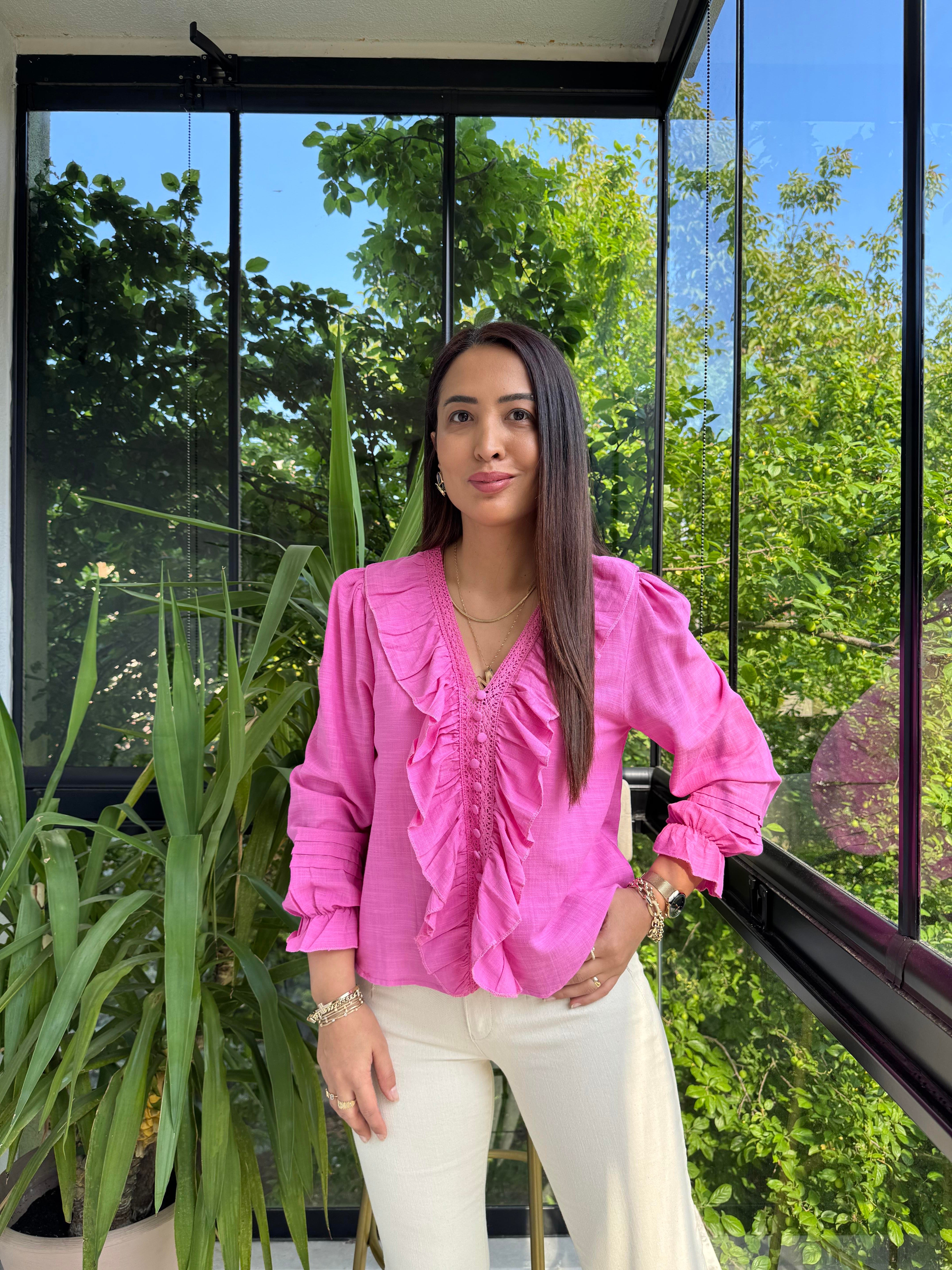 Önü Fırfırlı Bluz Gömlek Pembe