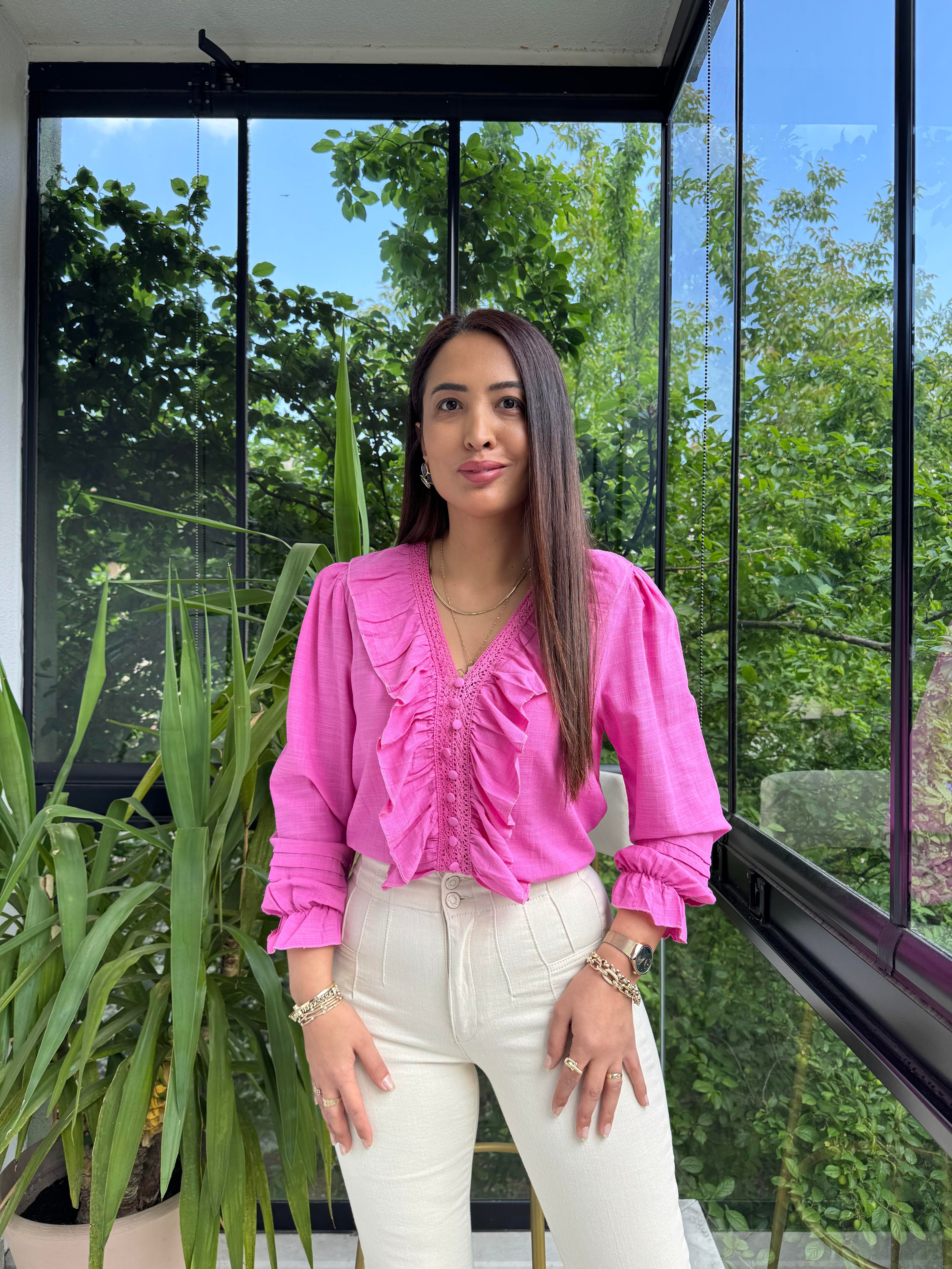 Önü Fırfırlı Bluz Gömlek Pembe