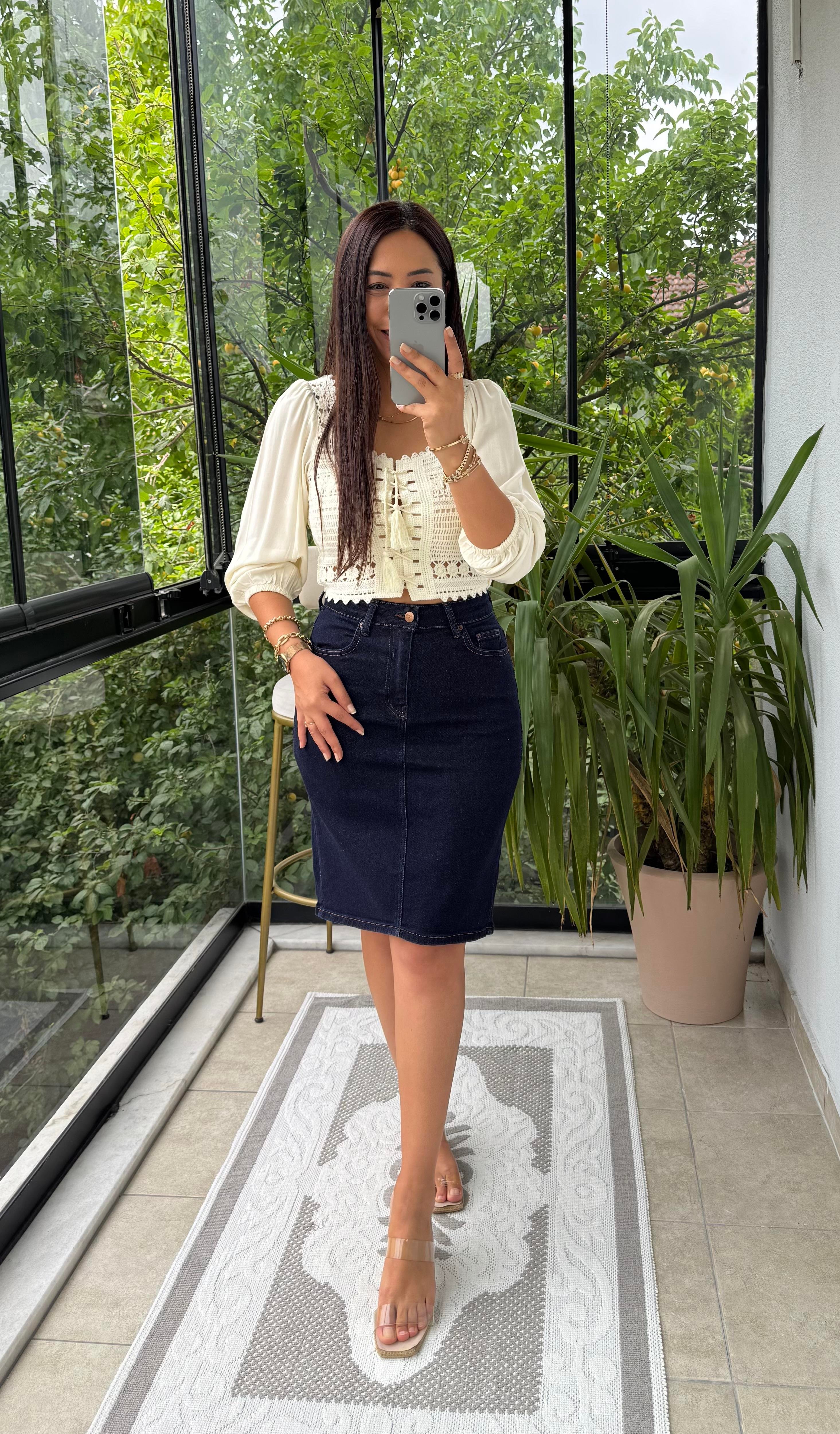 Örme Crop Bluz Beyaz