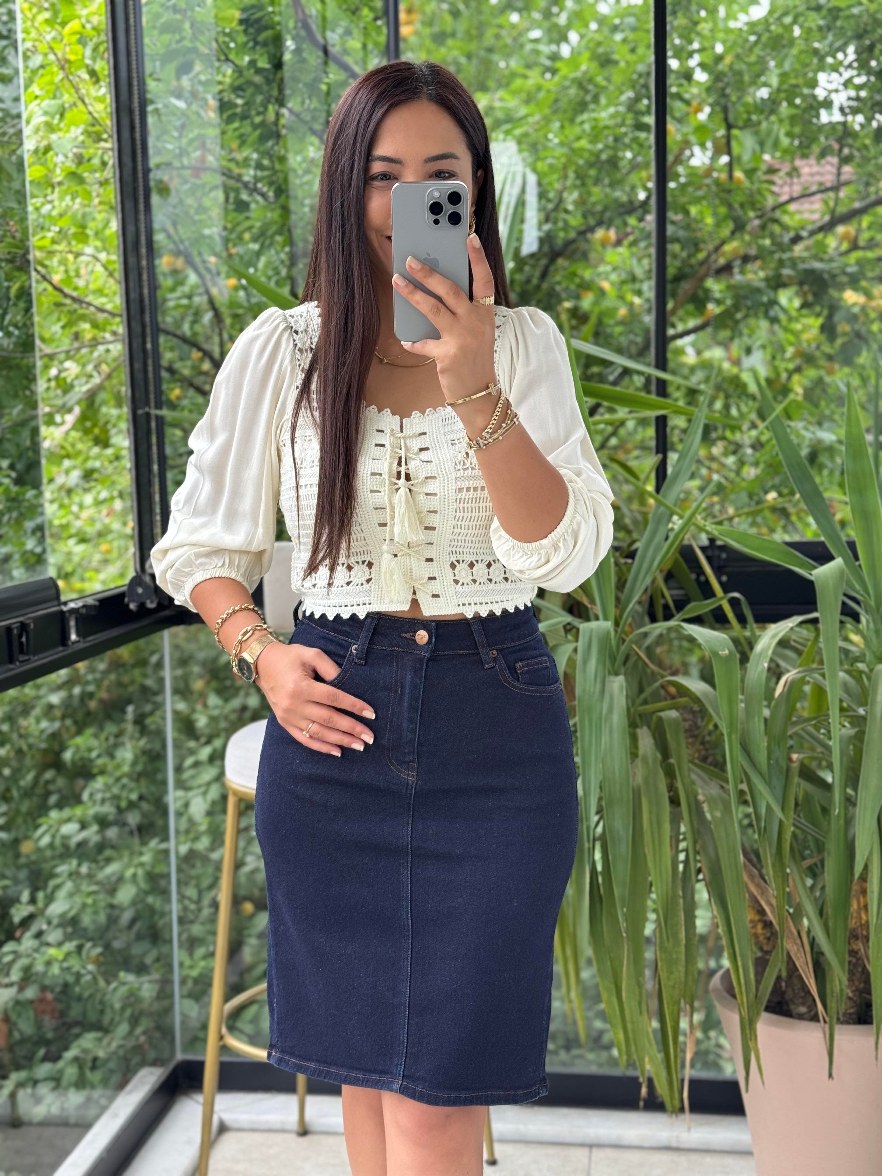 Örme Crop Bluz Beyaz