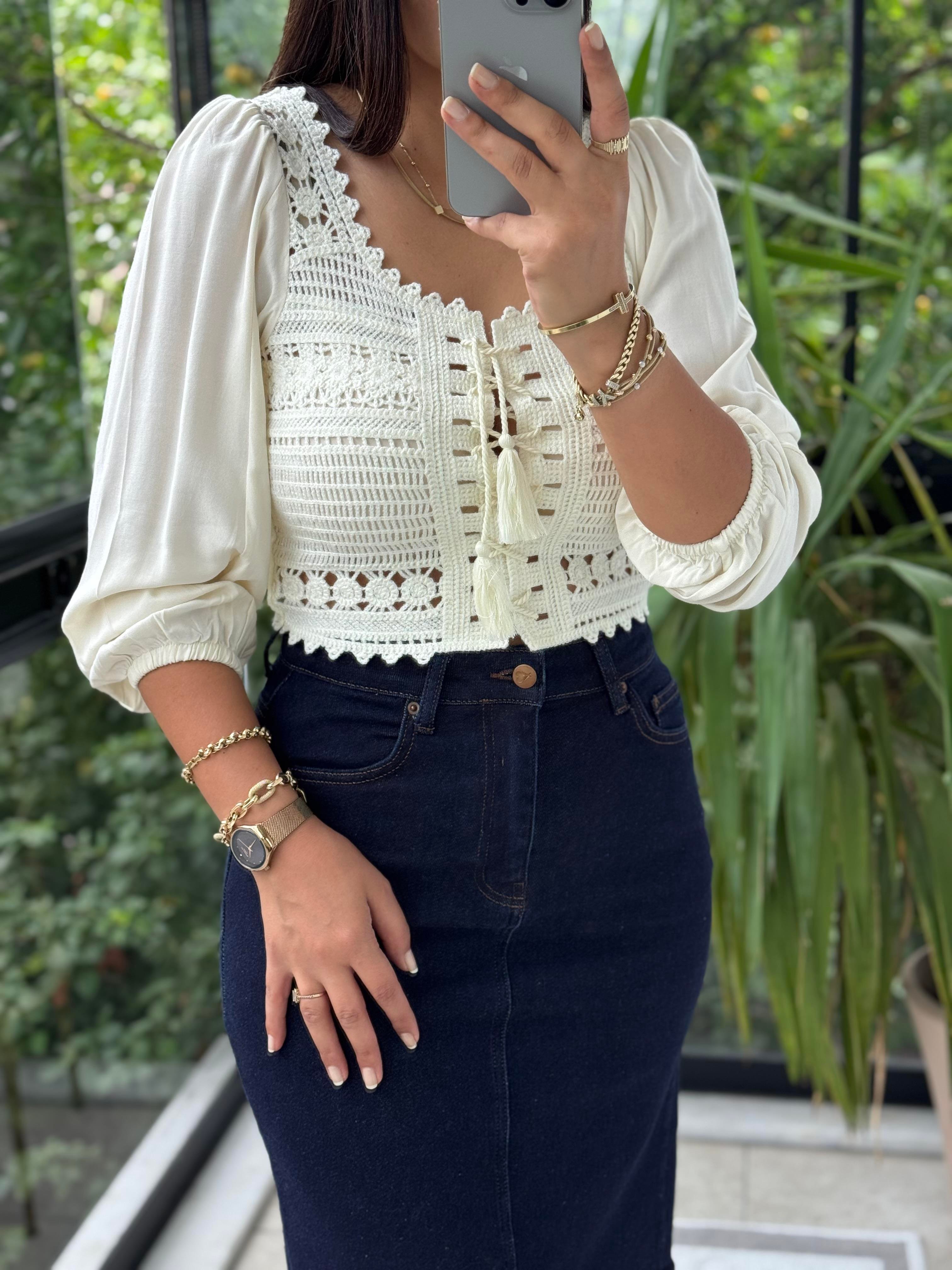 Örme Crop Bluz Beyaz