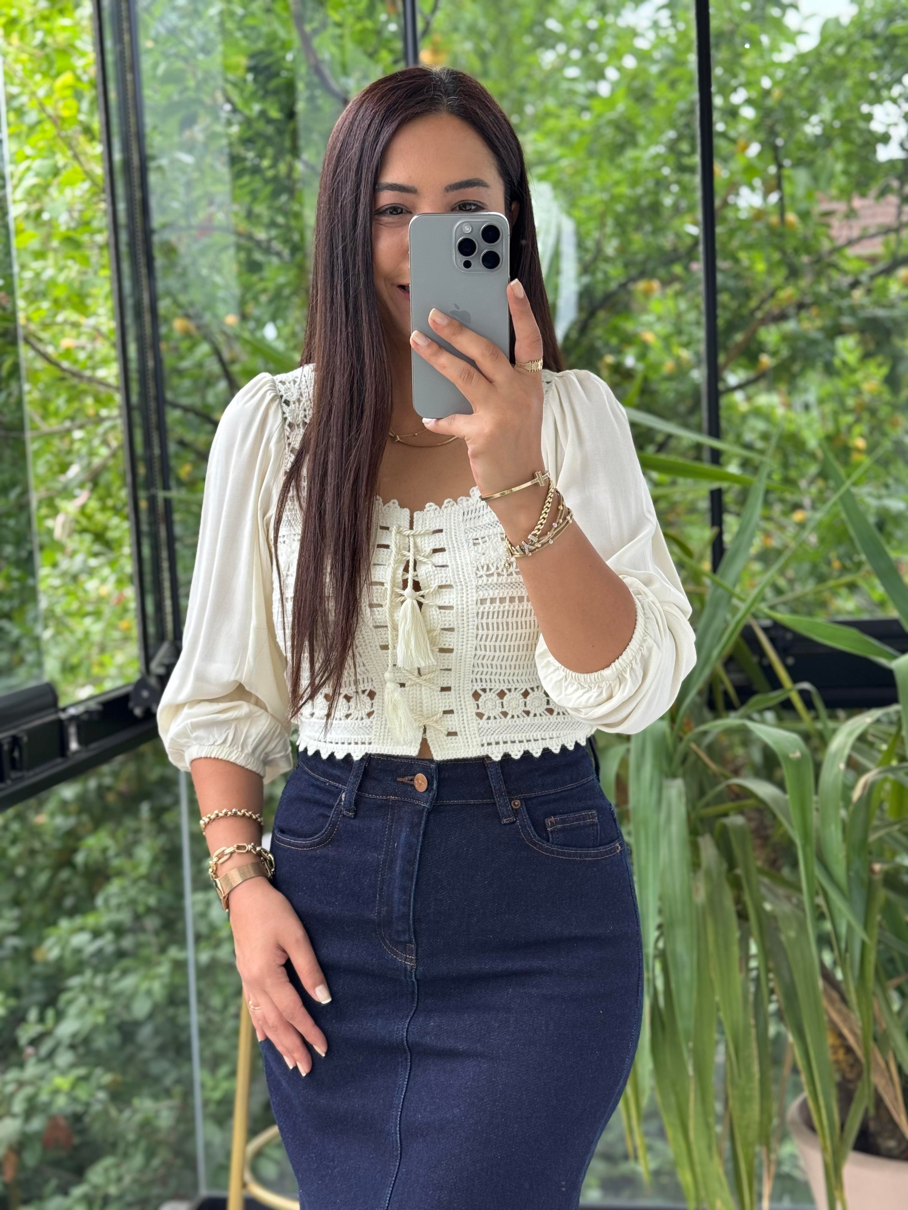 Örme Crop Bluz Beyaz