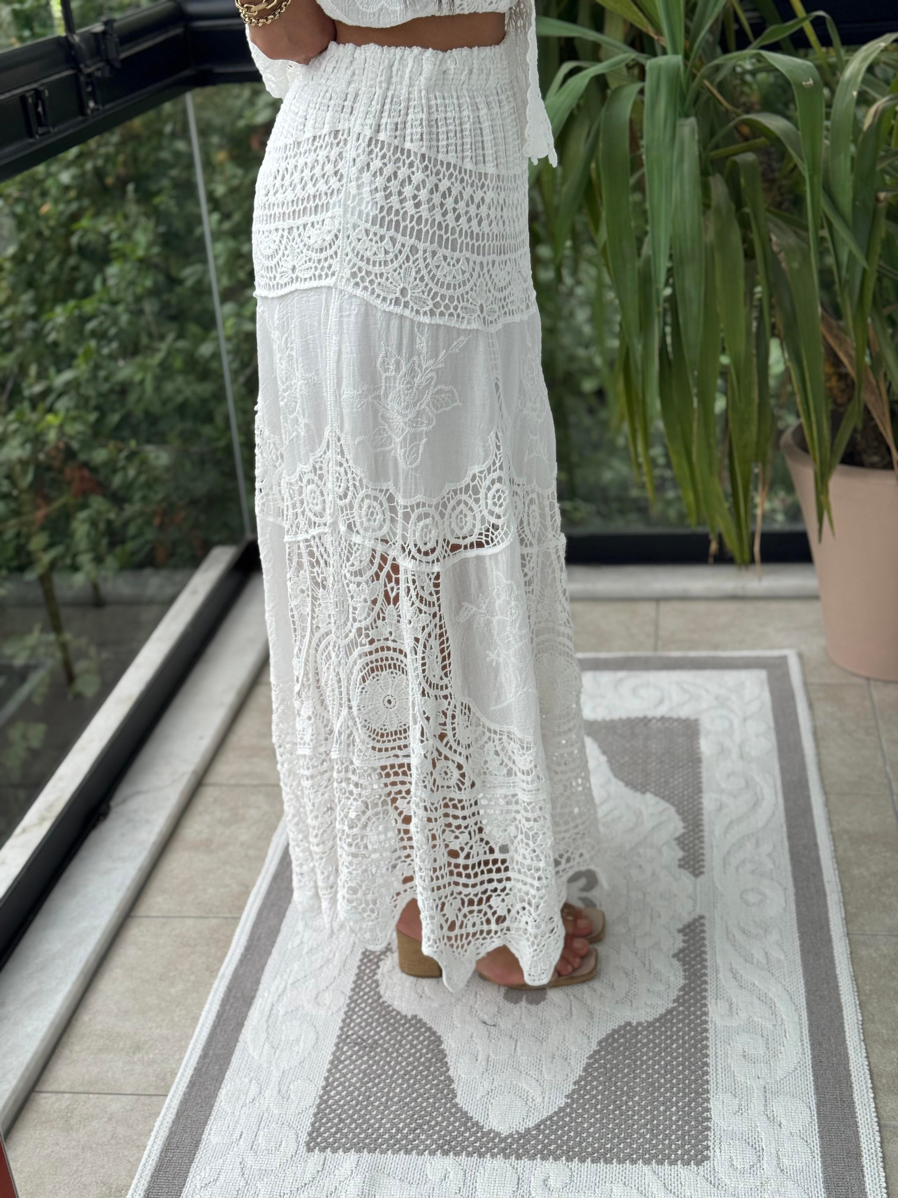 Örme Dantelli Etek Beyaz