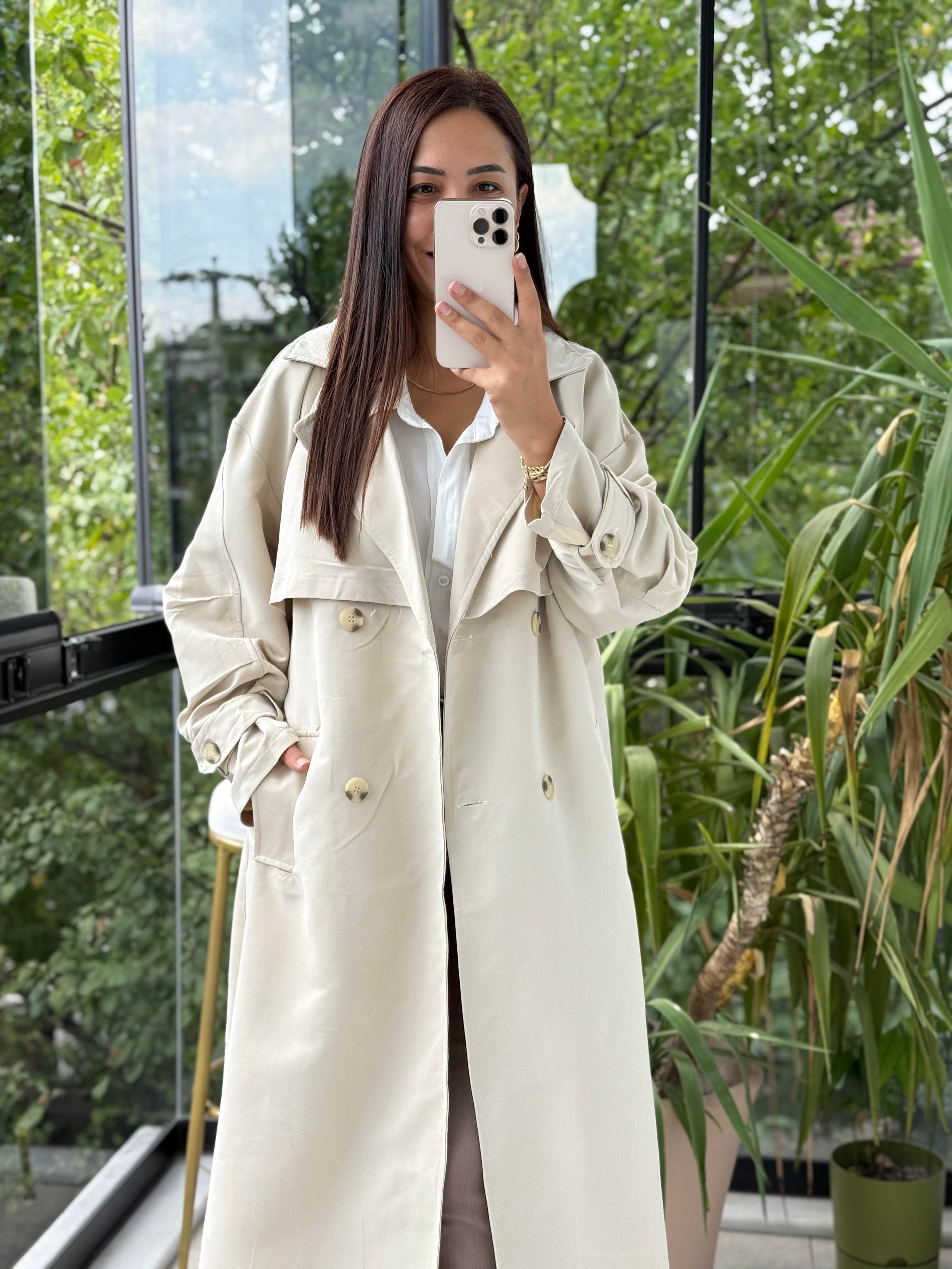 Oversize Kuşaklı Trenç Taş