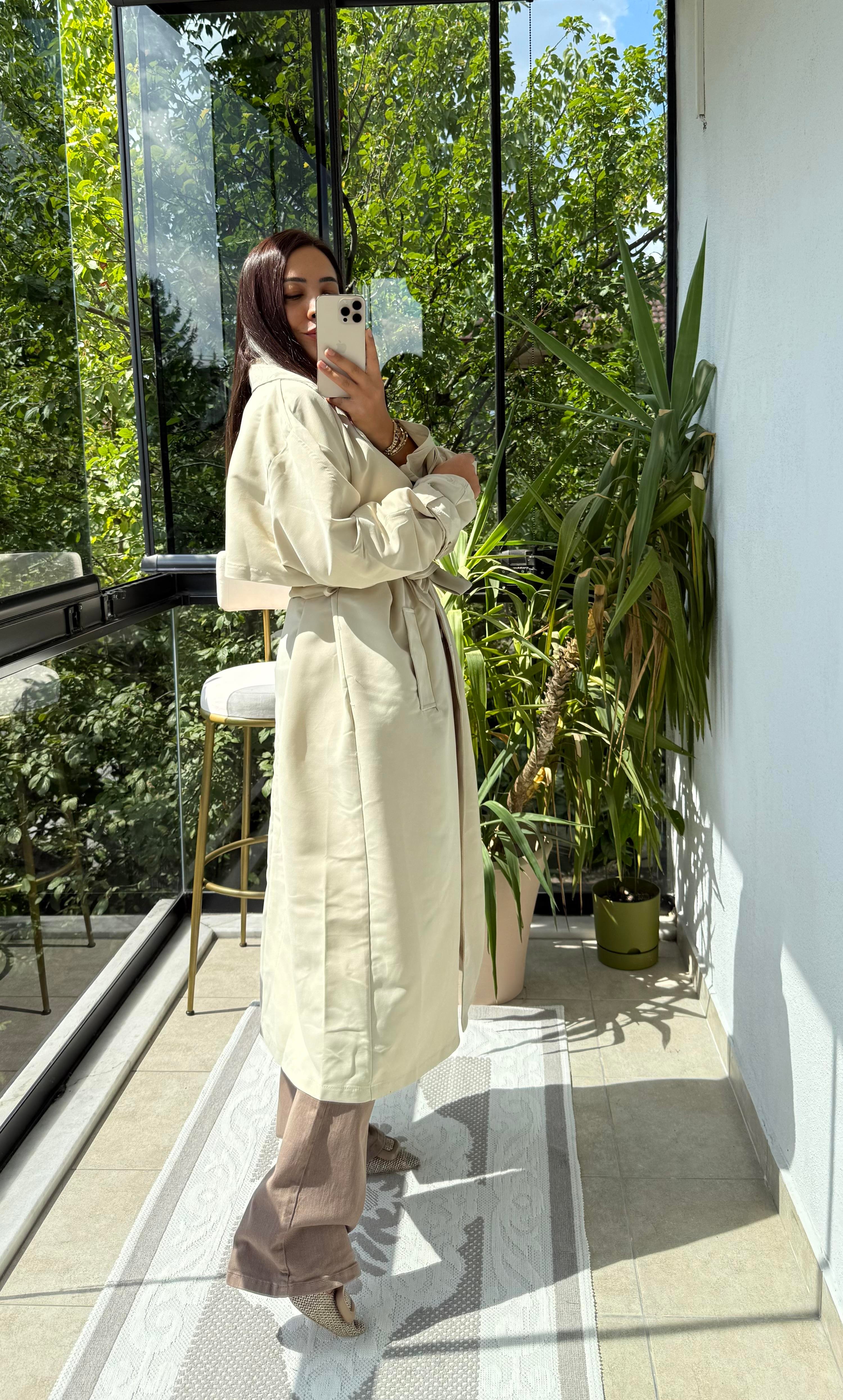 Oversize Kuşaklı Trenç Taş