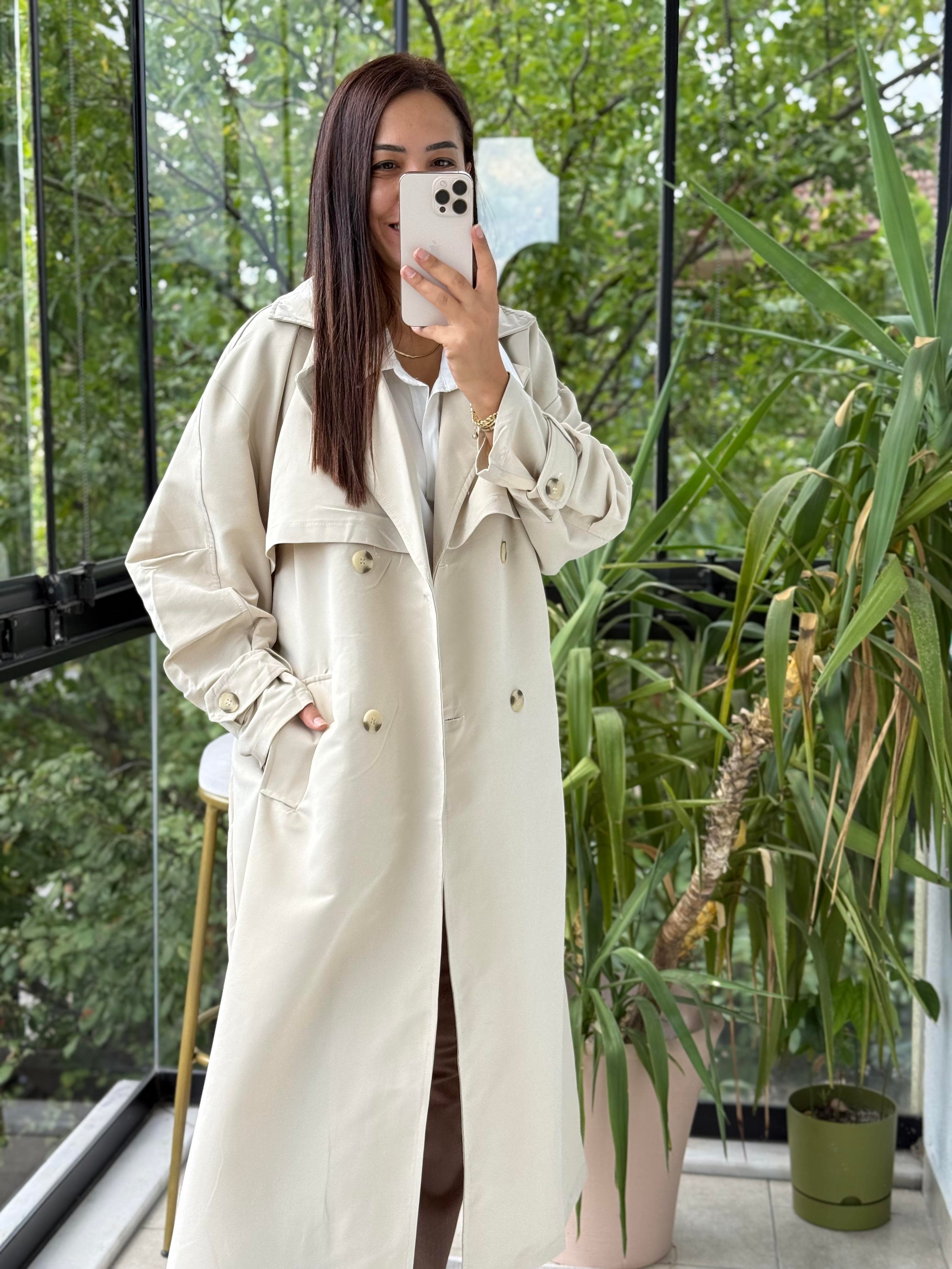 Oversize Kuşaklı Trenç Taş