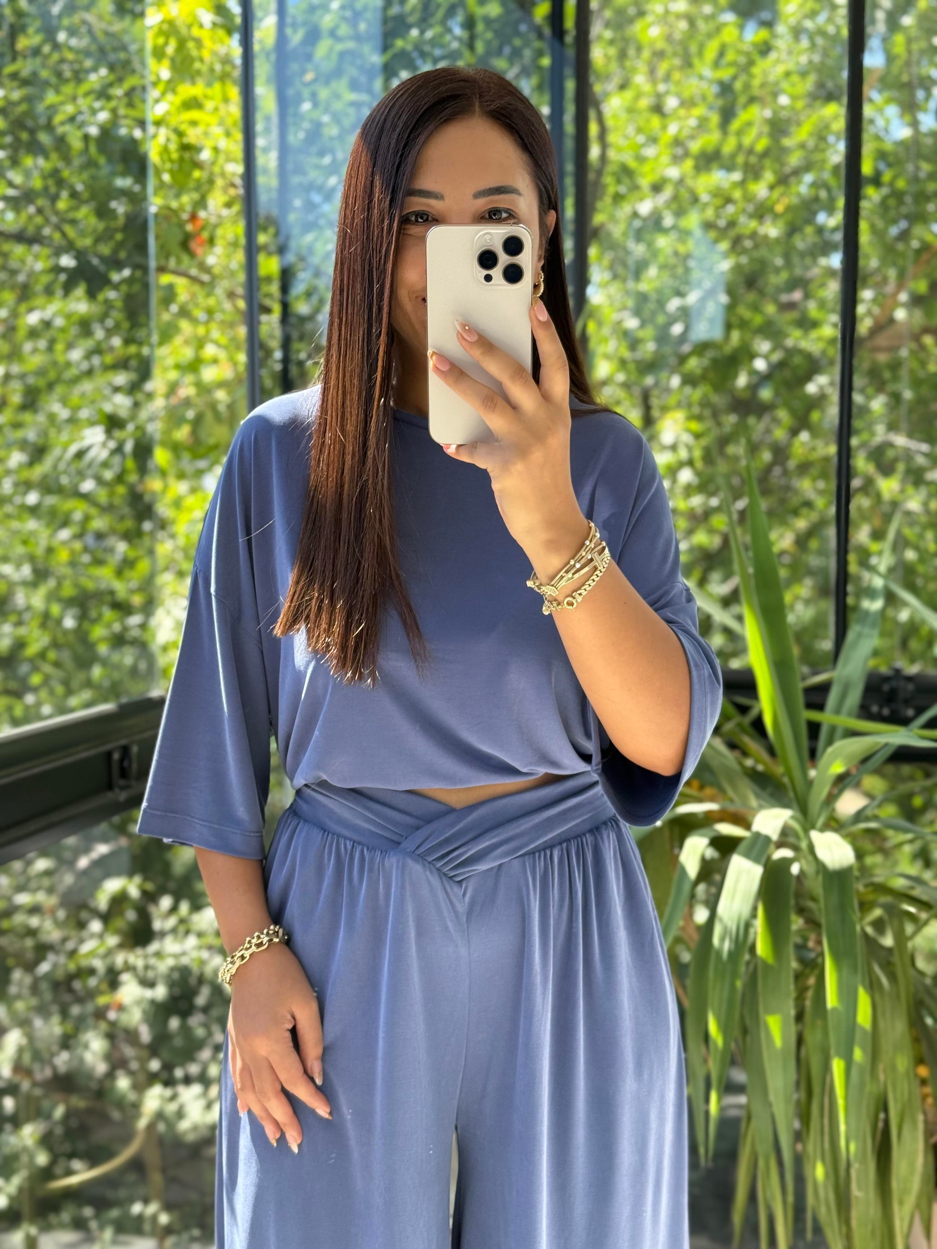 Oversize Oysh Kumaş Tişört İndigo Mavi