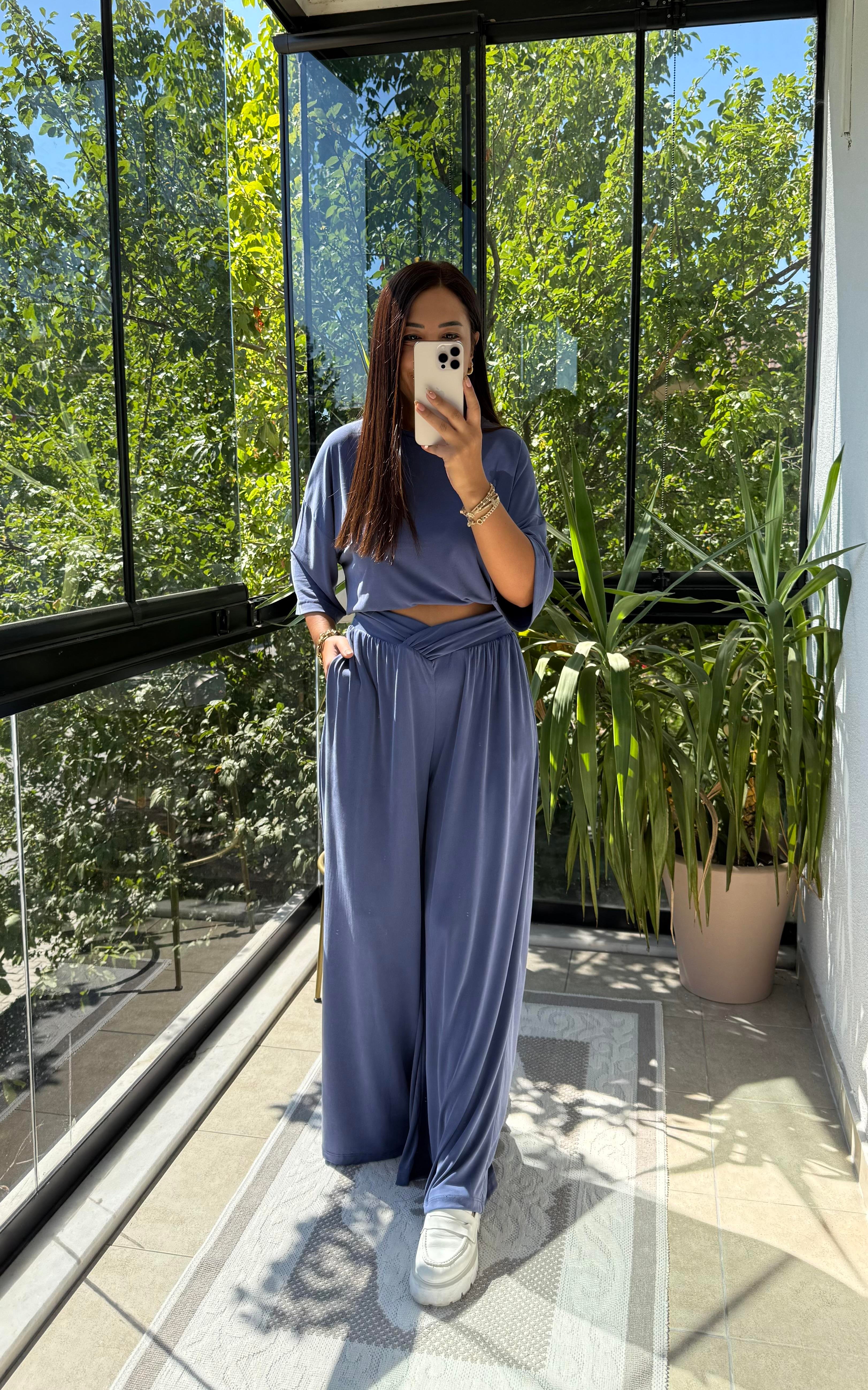 Oversize Oysh Kumaş Tişört İndigo Mavi