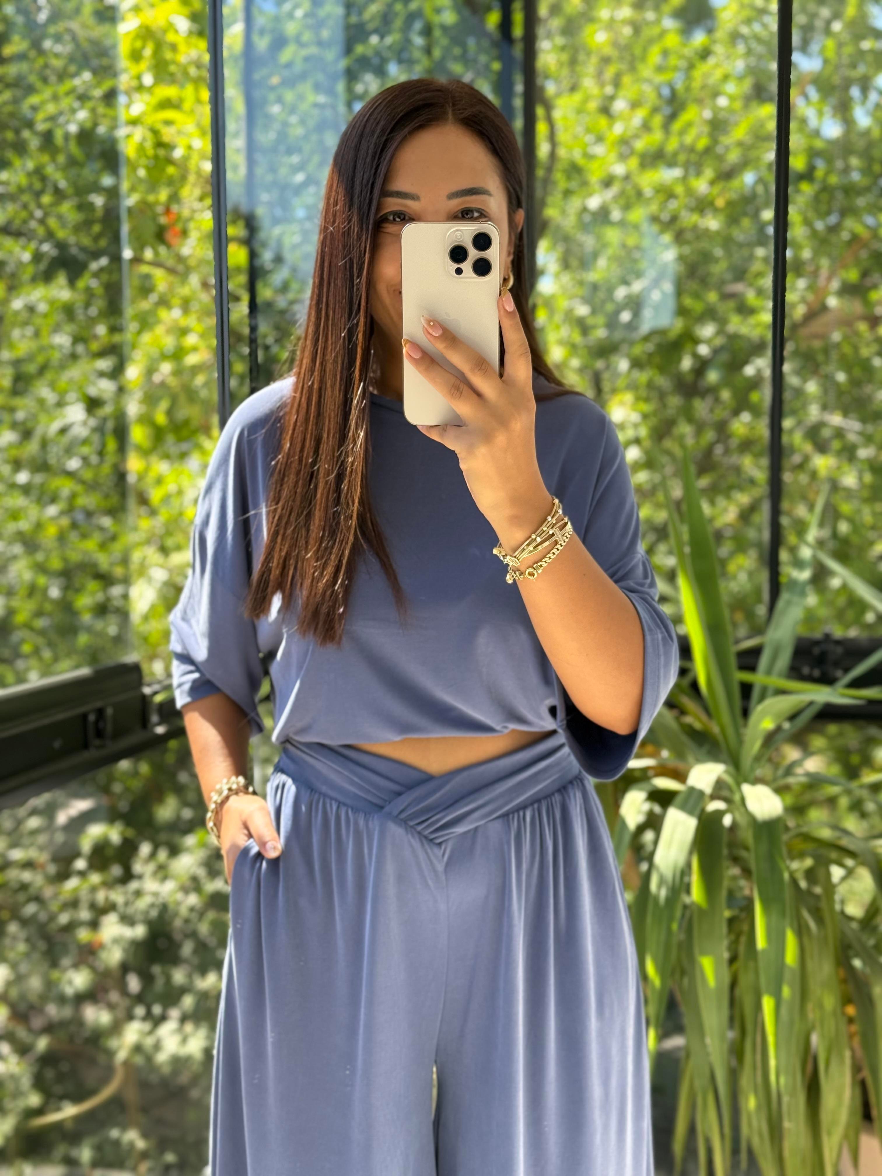 Oversize Oysh Kumaş Tişört İndigo Mavi