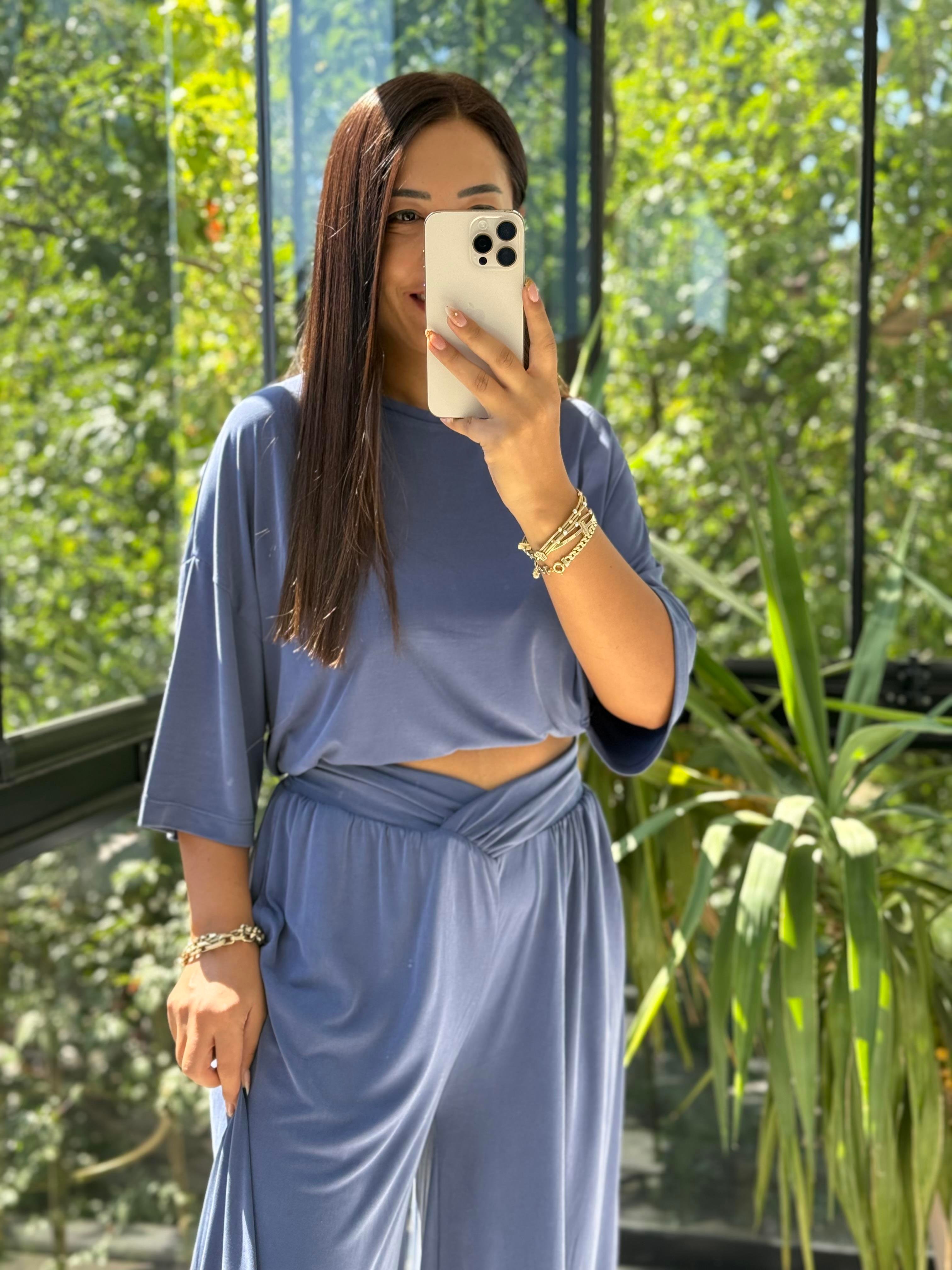 Oversize Oysh Kumaş Tişört İndigo Mavi