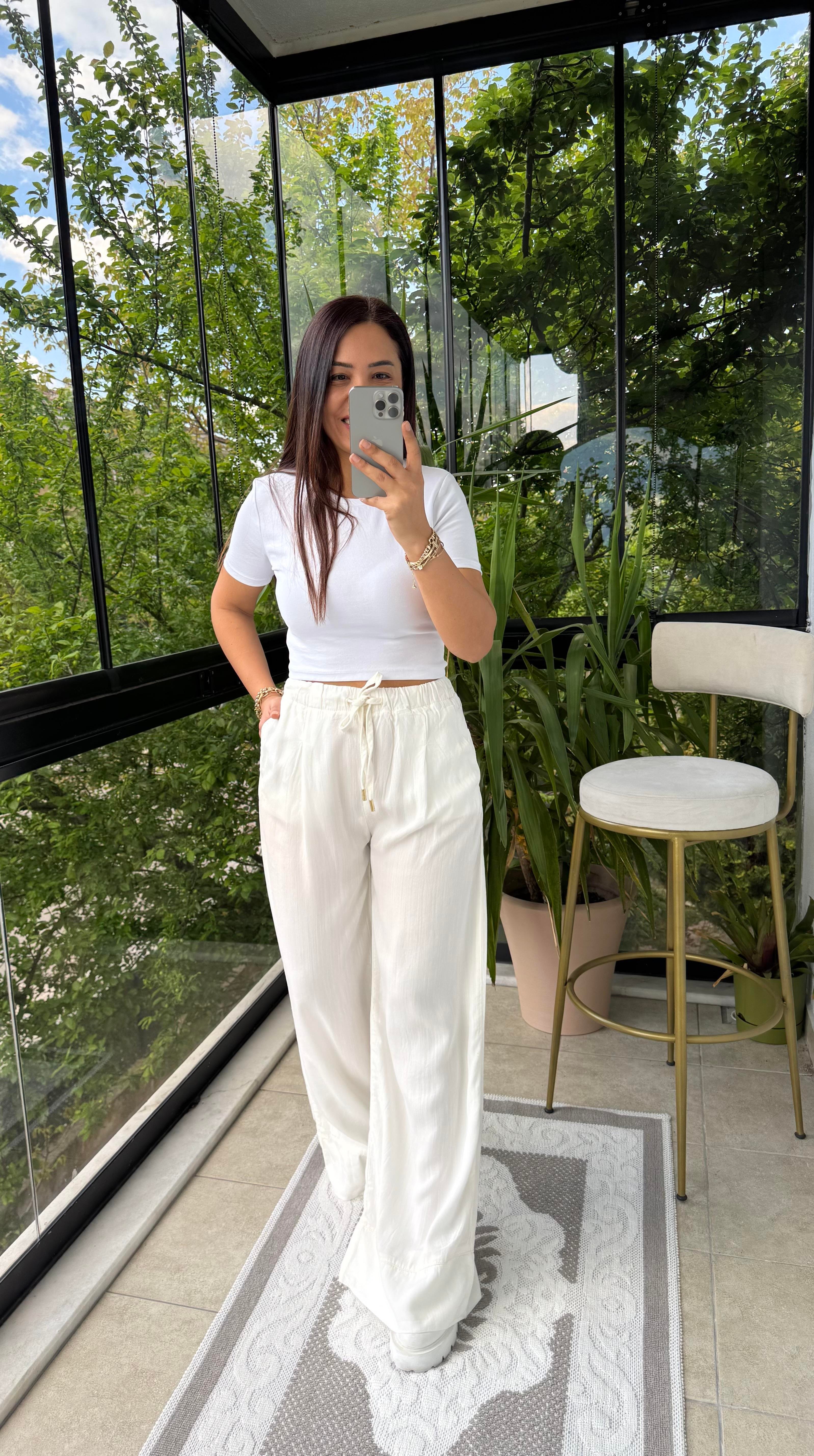 Paça Detaylı Lastikli Tensel Pantolon Ekru