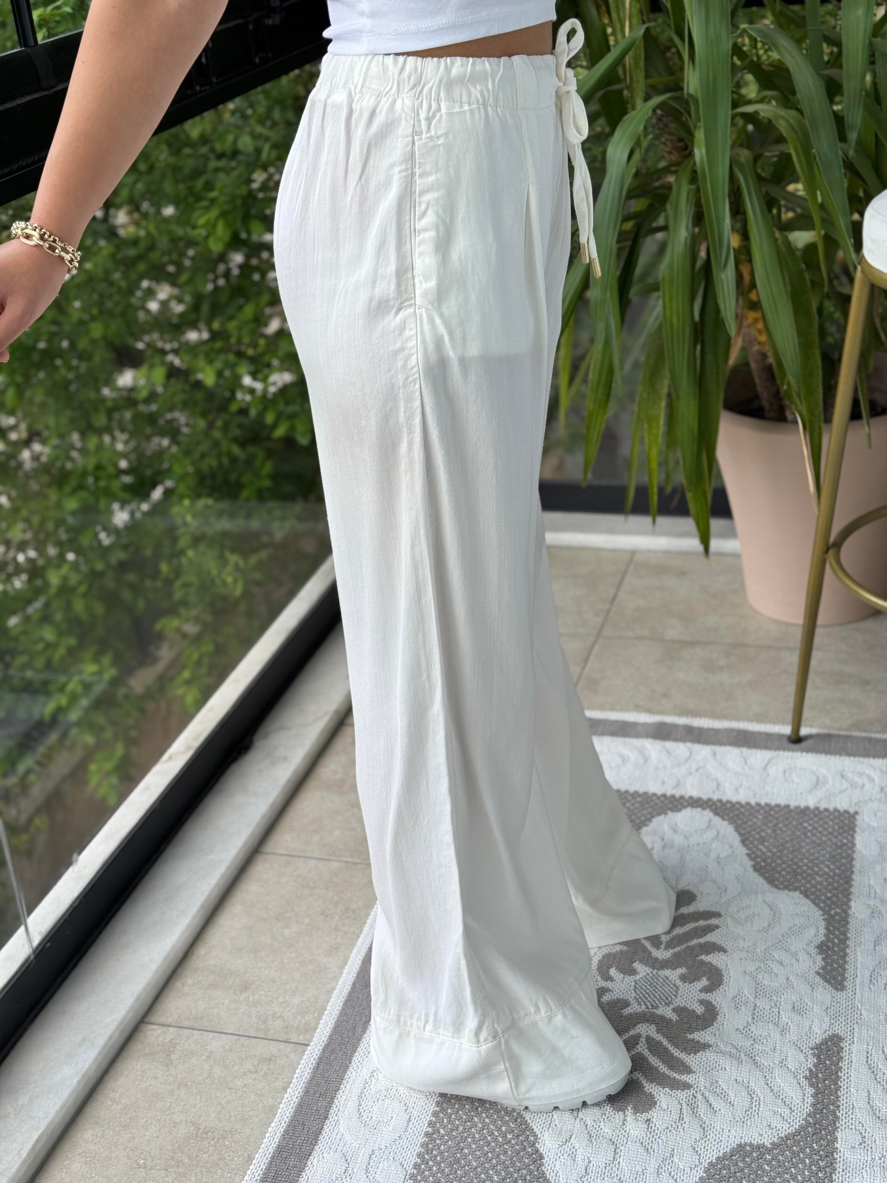 Paça Detaylı Lastikli Tensel Pantolon Ekru