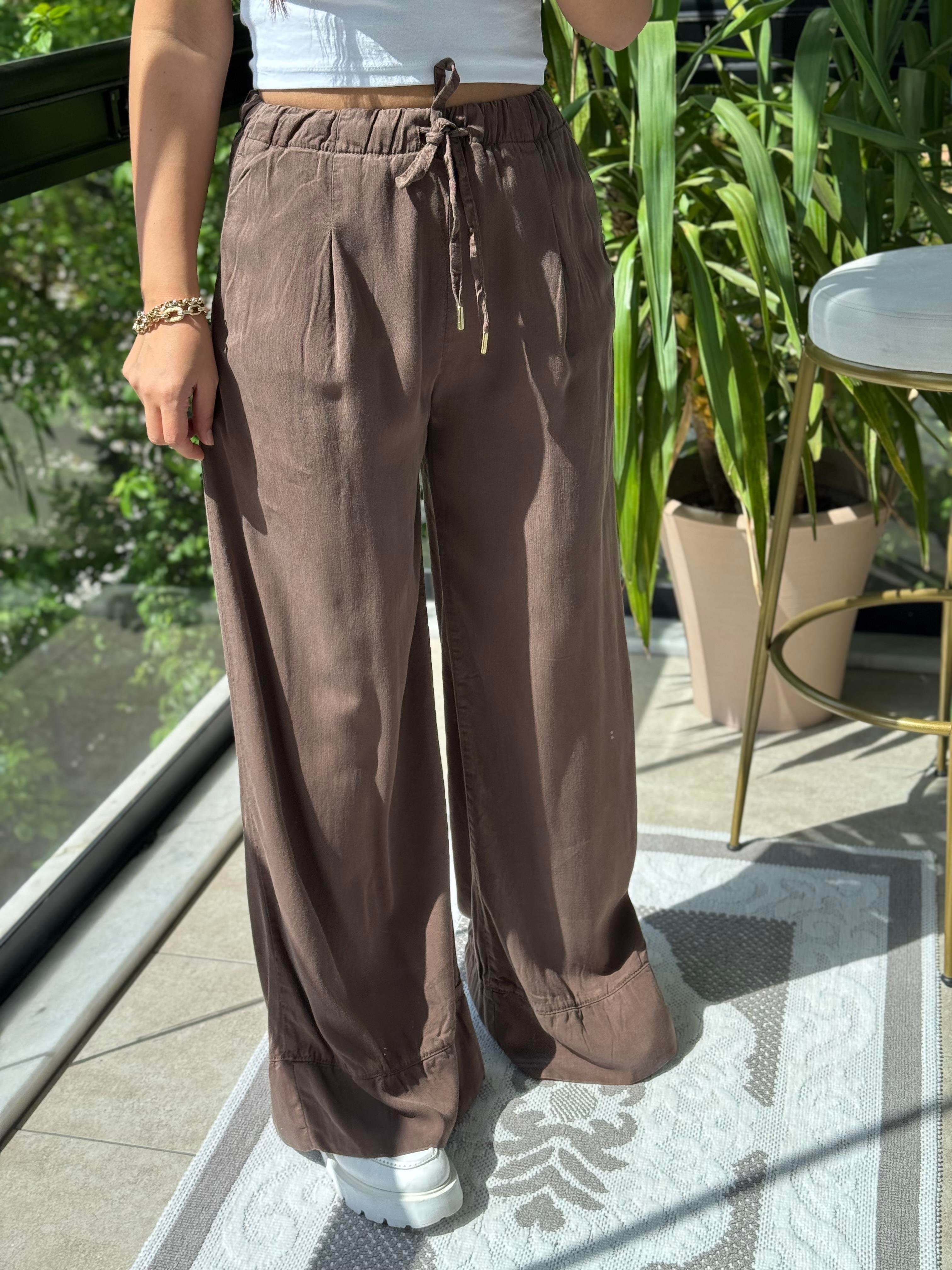 Paça Detaylı Lastikli Tensel Pantolon Kahve