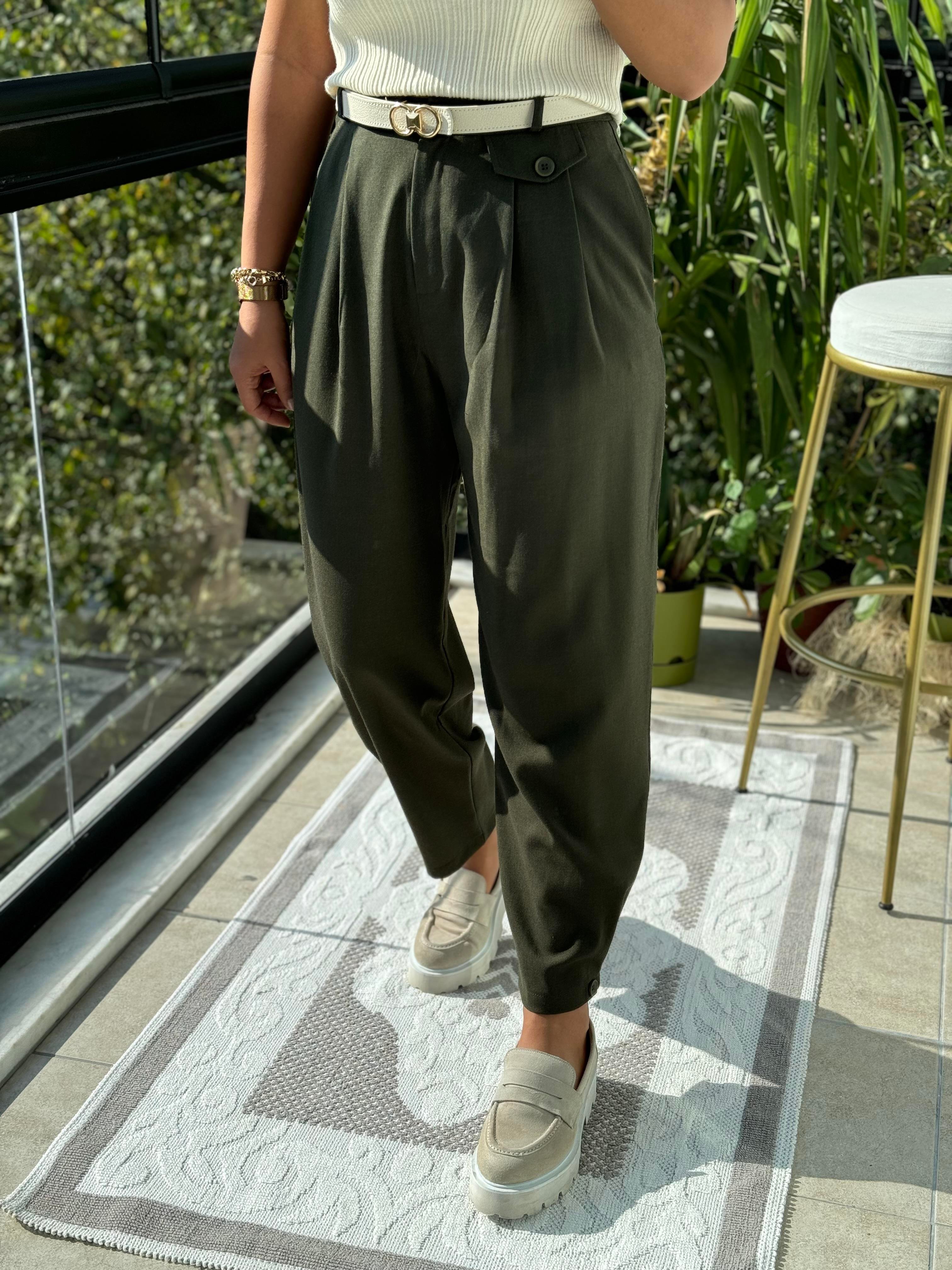 Paçası Düğmeli Pantolon Haki Yeşili