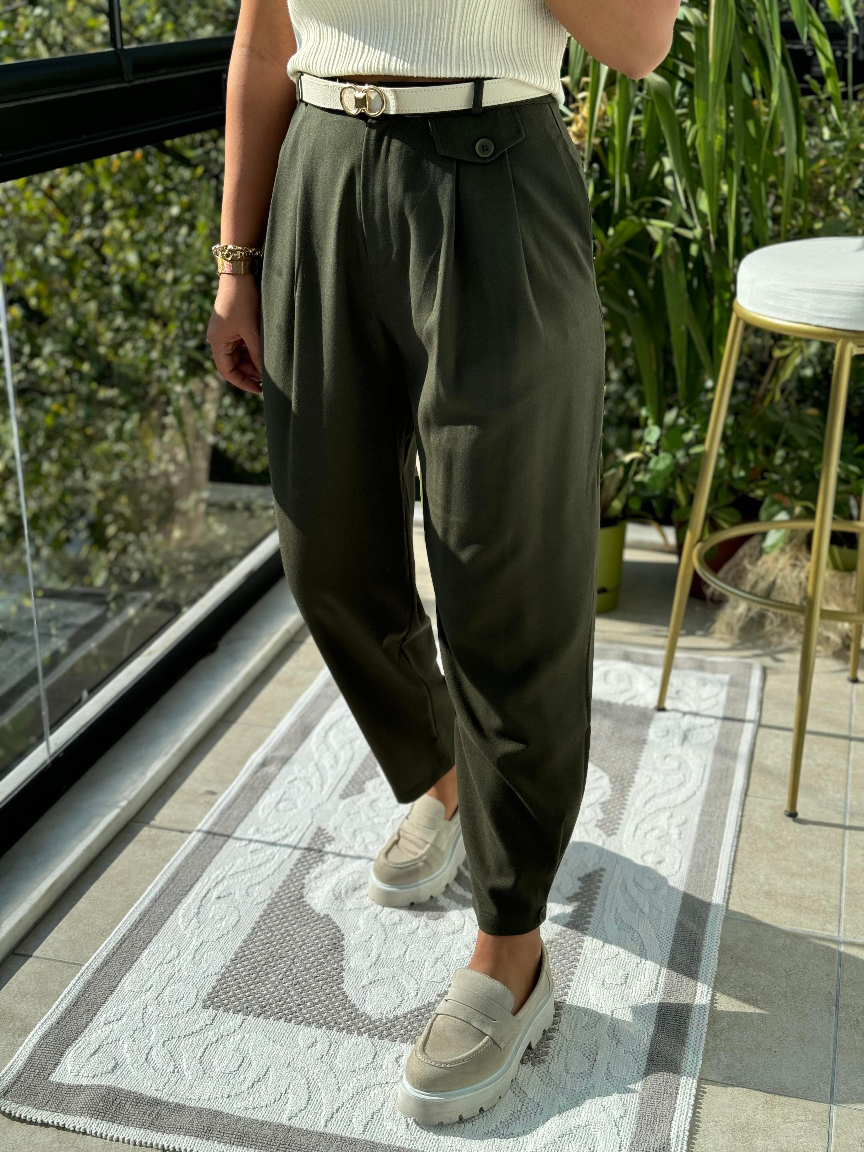 Paçası Düğmeli Pantolon Haki Yeşili