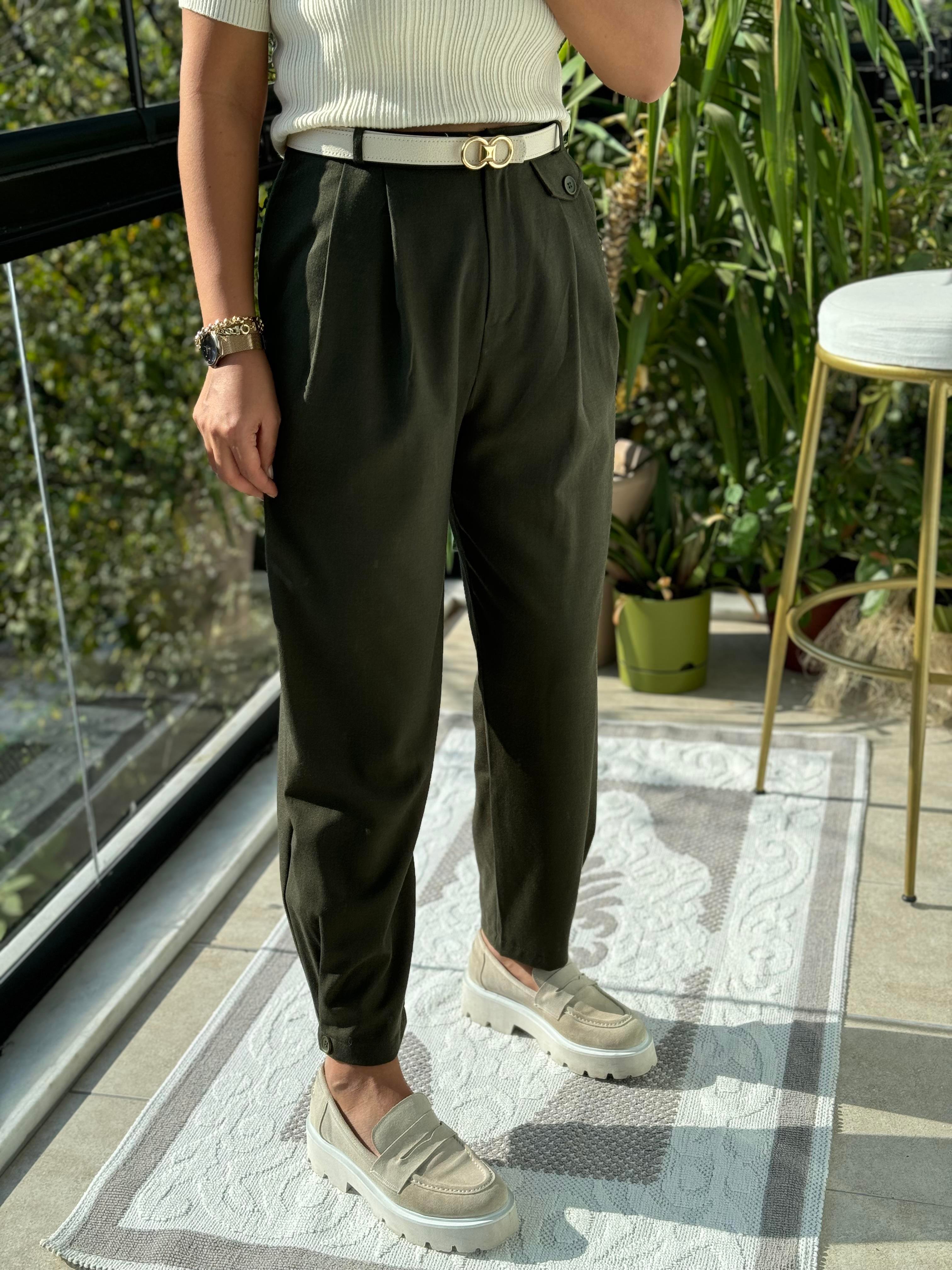 Paçası Düğmeli Pantolon Haki Yeşili