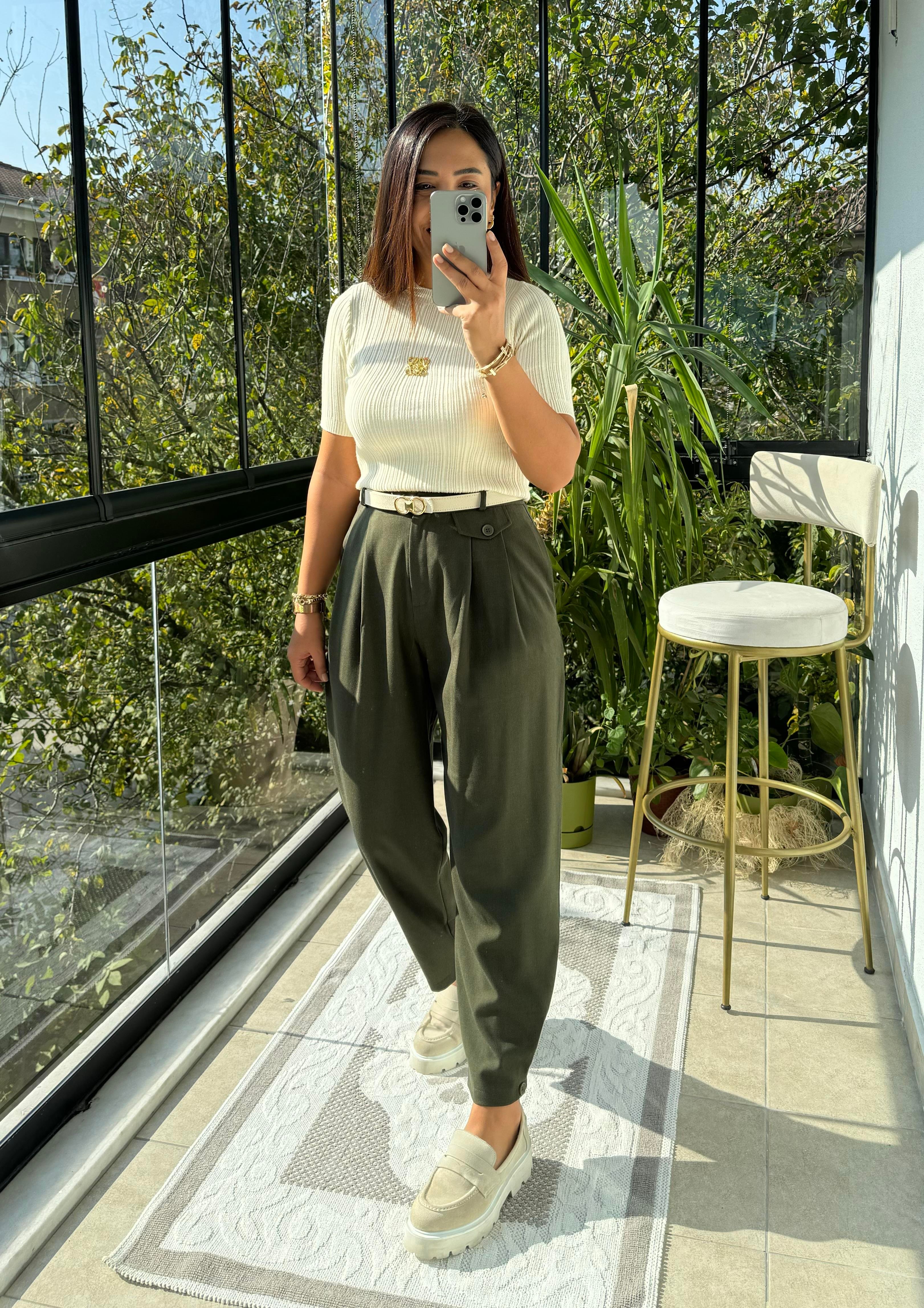 Paçası Düğmeli Pantolon Haki Yeşili