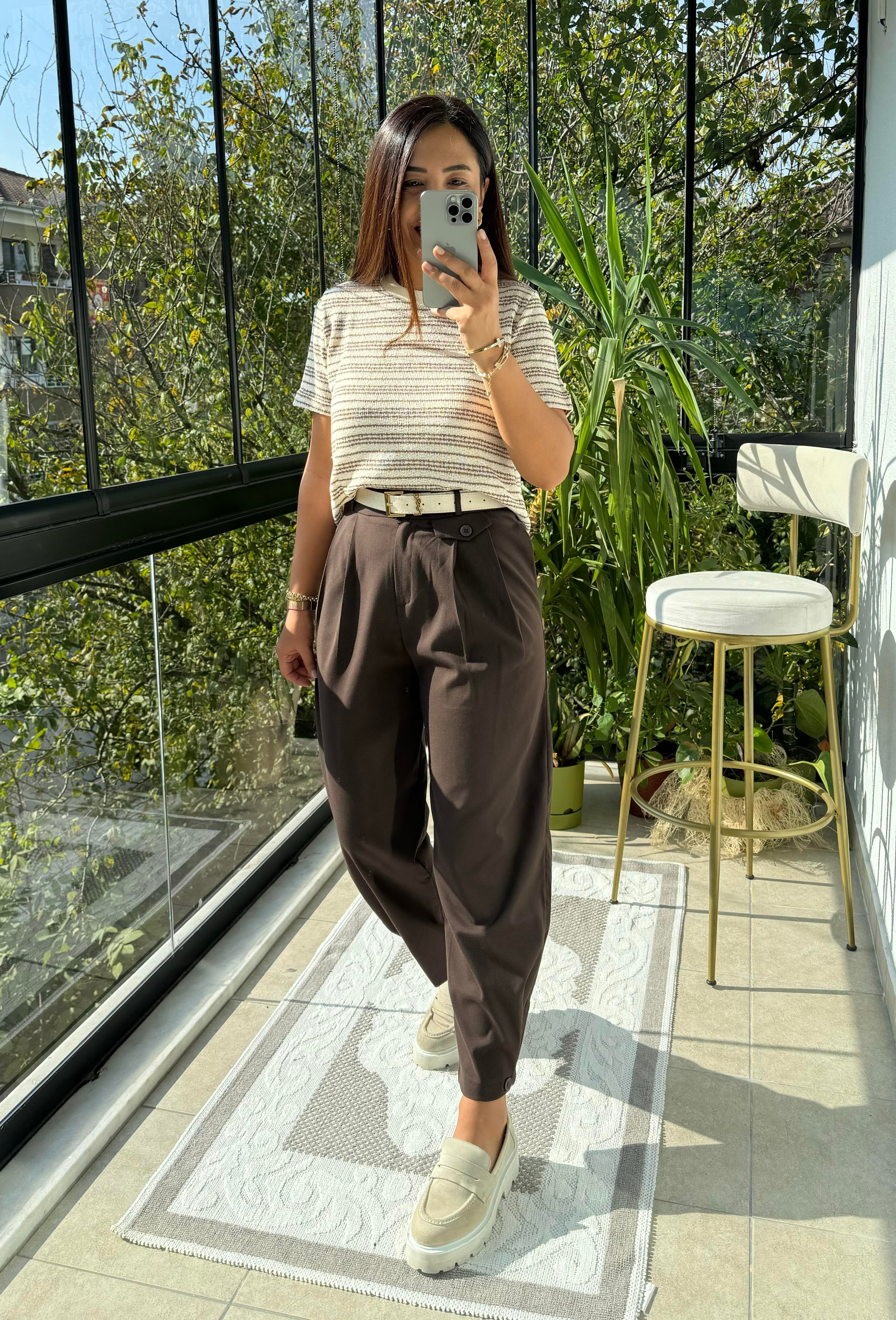 Paçası Düğmeli Pantolon Kahve