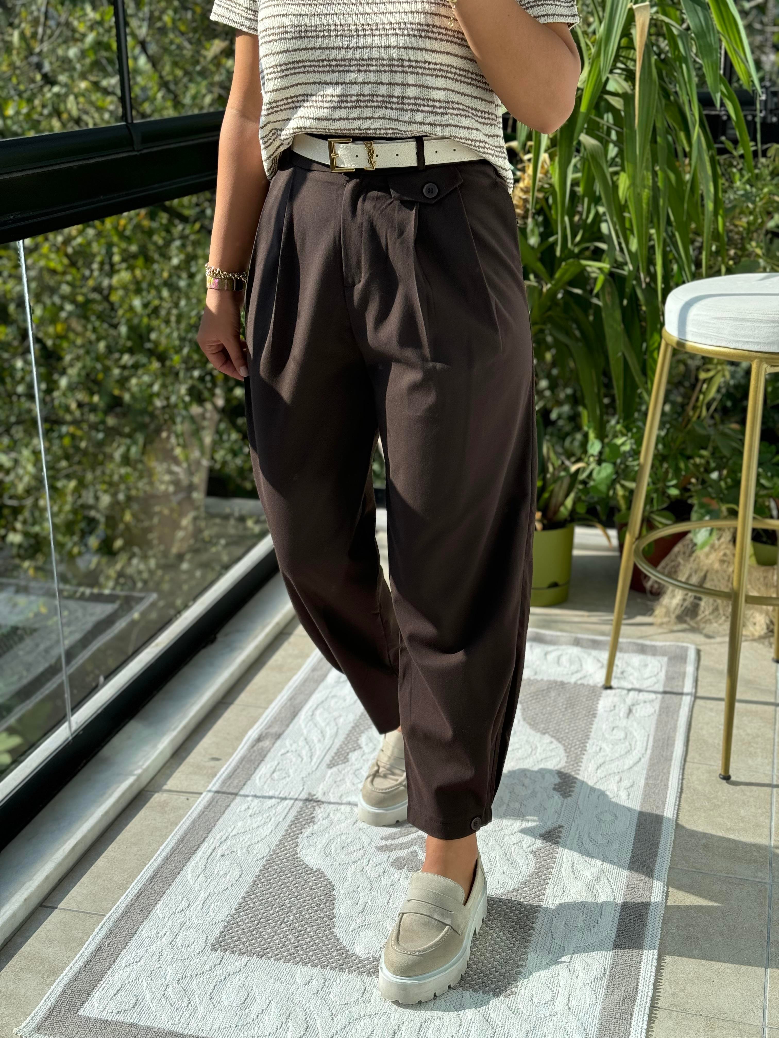 Paçası Düğmeli Pantolon Kahve