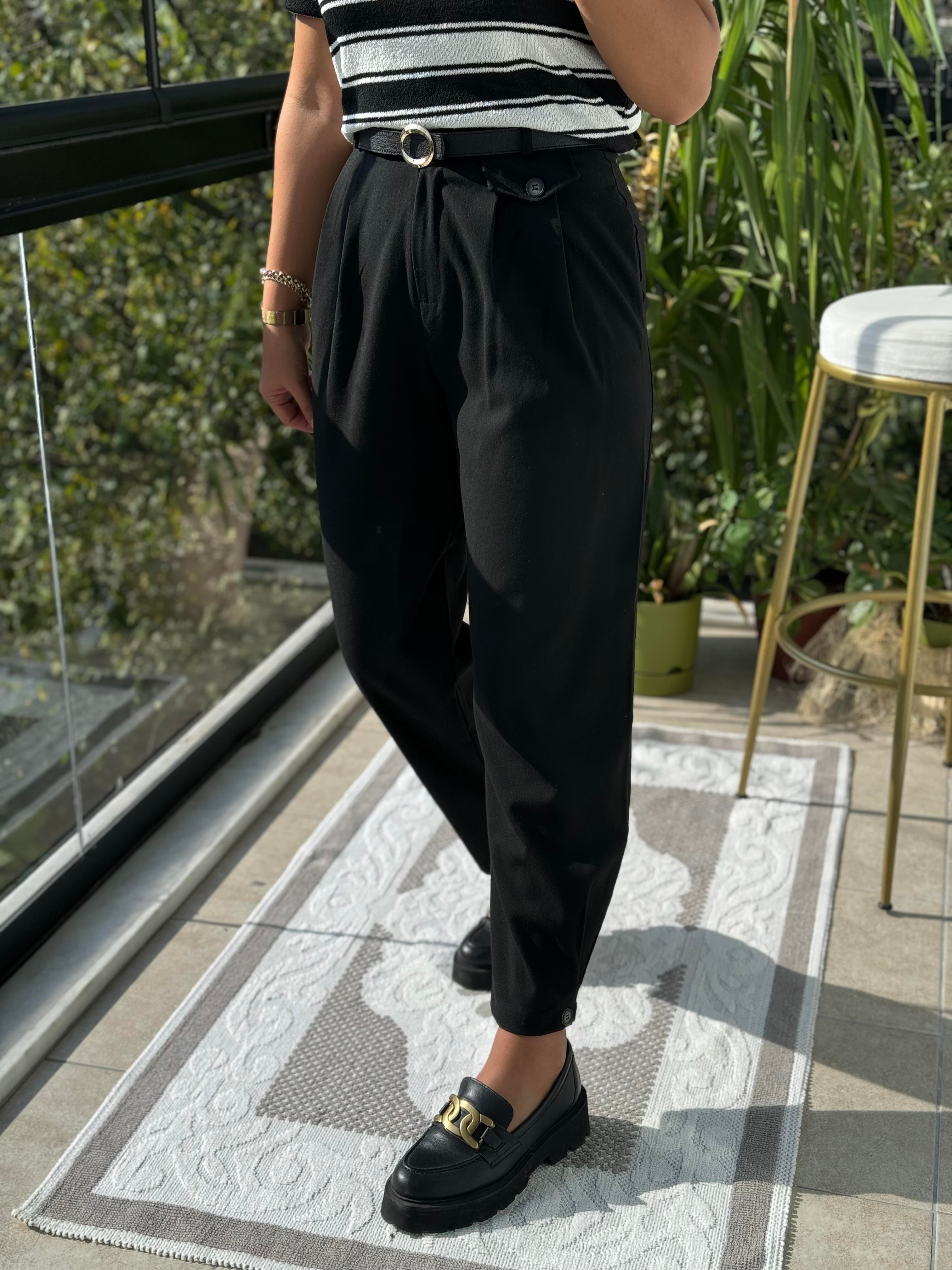 Paçası Düğmeli Pantolon Siyah