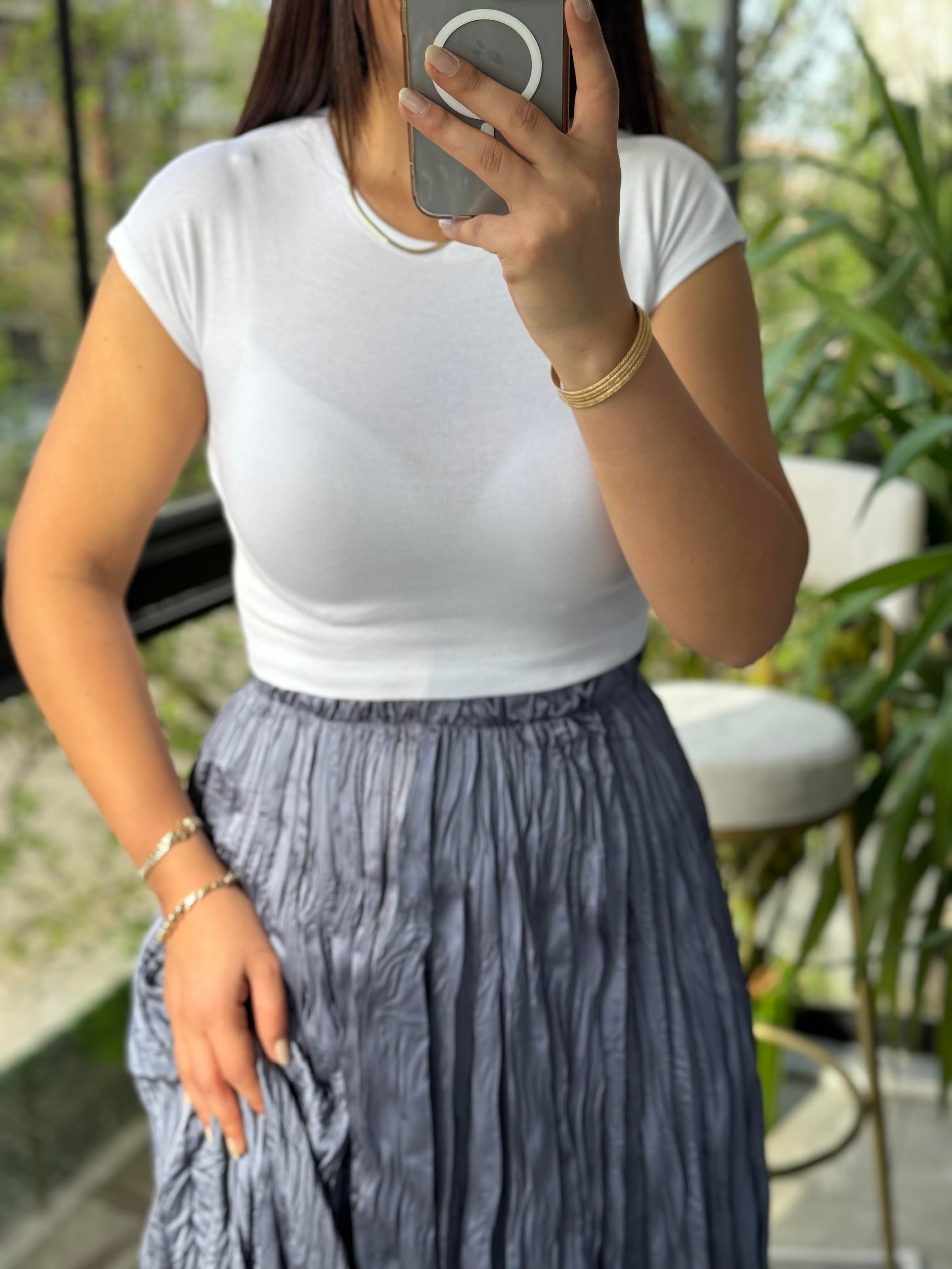 Pamuk Ve Modal Karışımı Crop Tişört Ekru