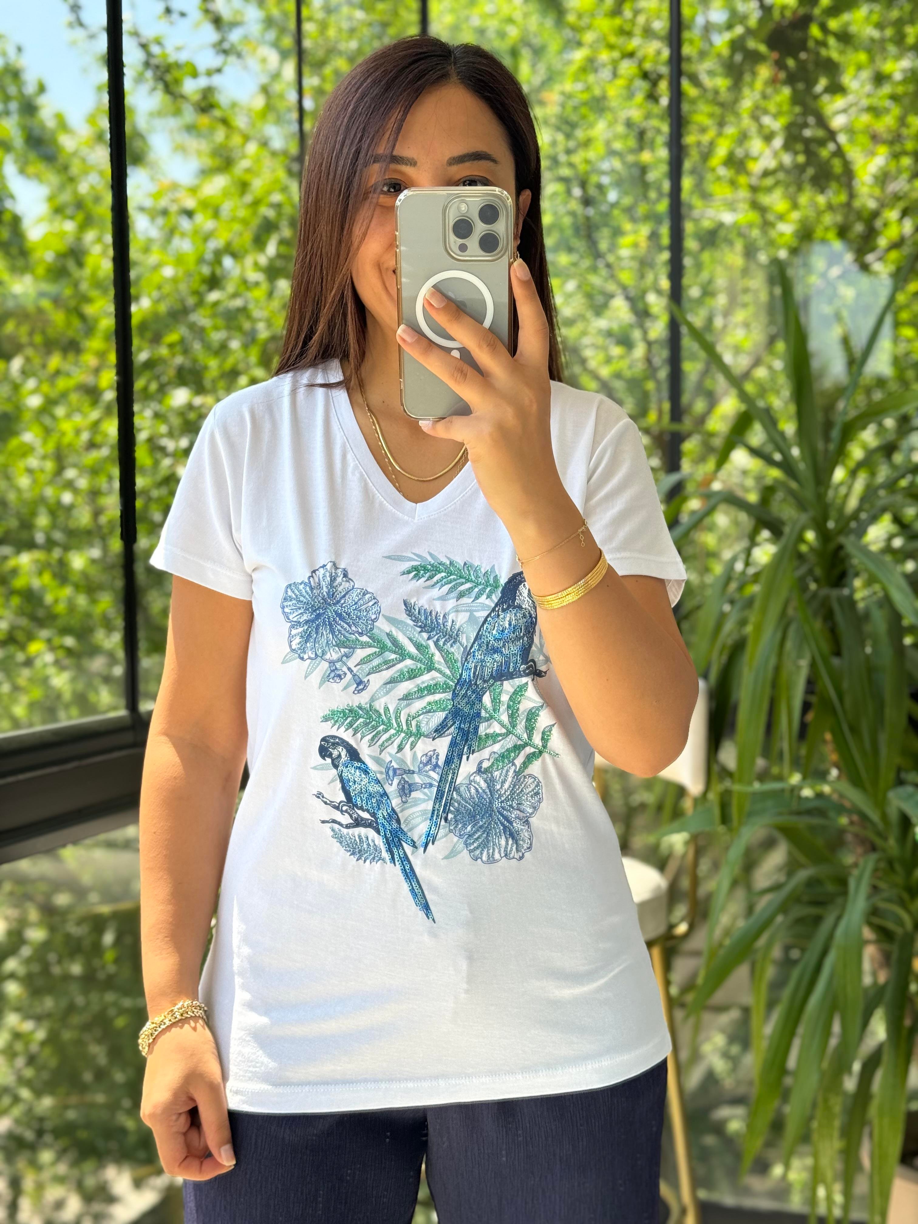 Pamuklu Tişört Çiçekli Papağanlı