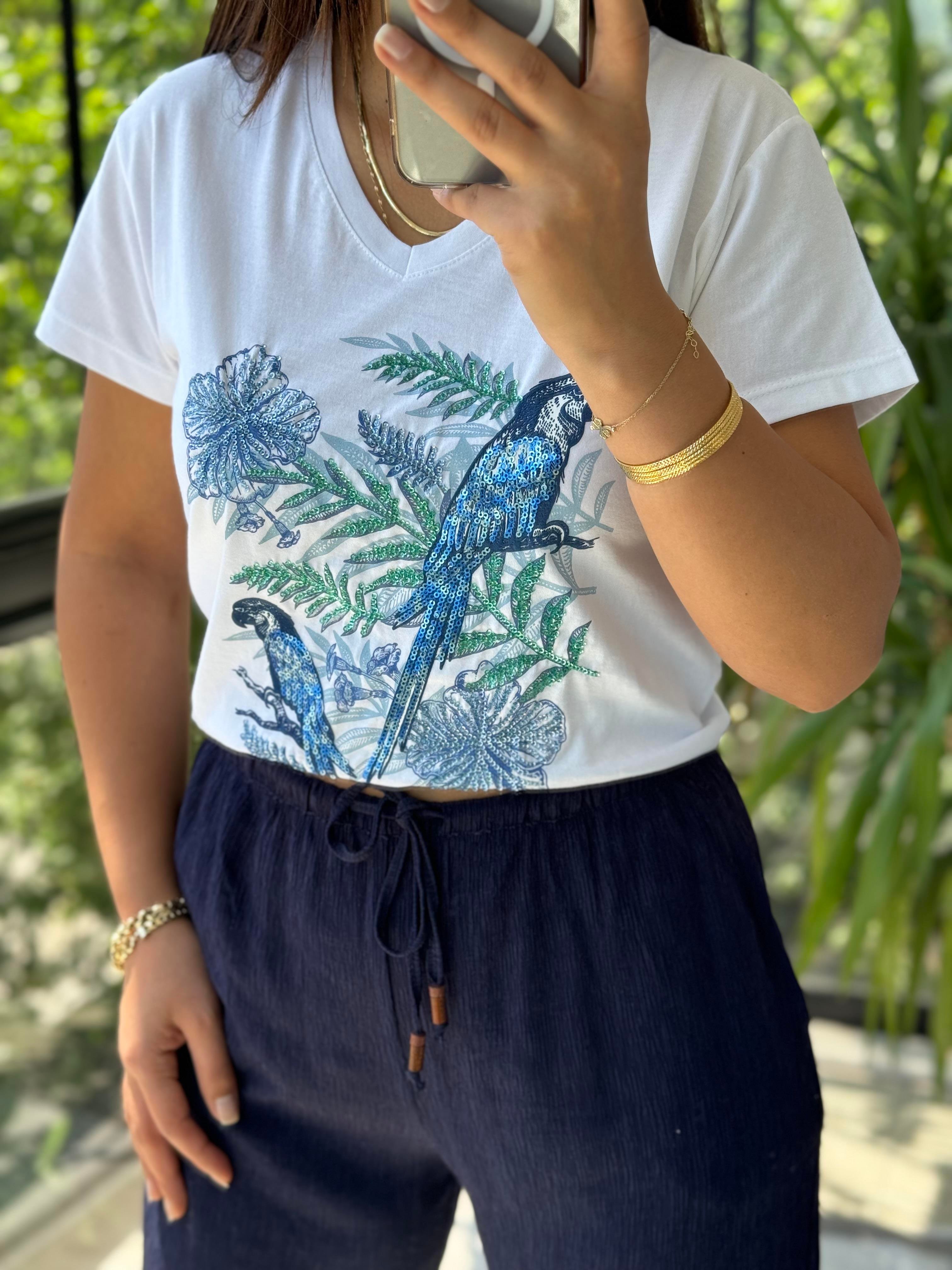 Pamuklu Tişört Çiçekli Papağanlı