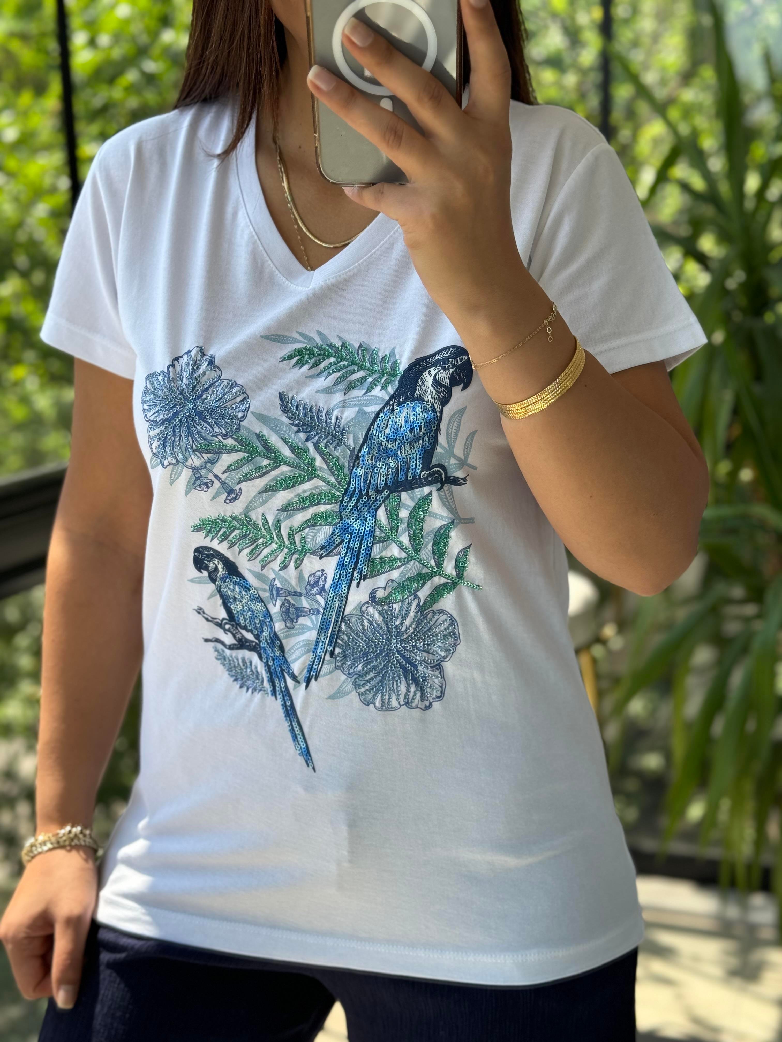 Pamuklu Tişört Çiçekli Papağanlı