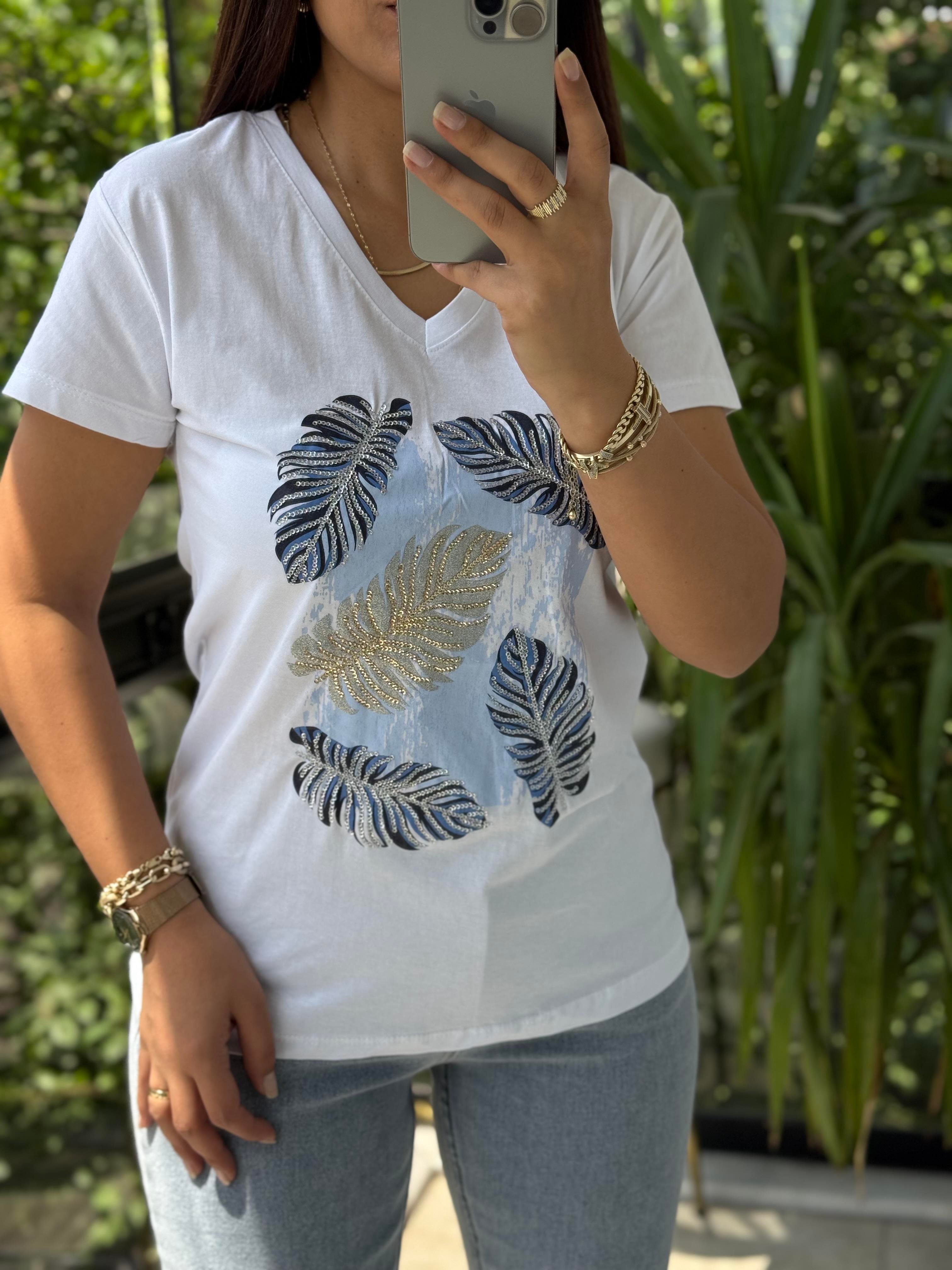 Pamuklu Tişört Gümüş Yapraklı