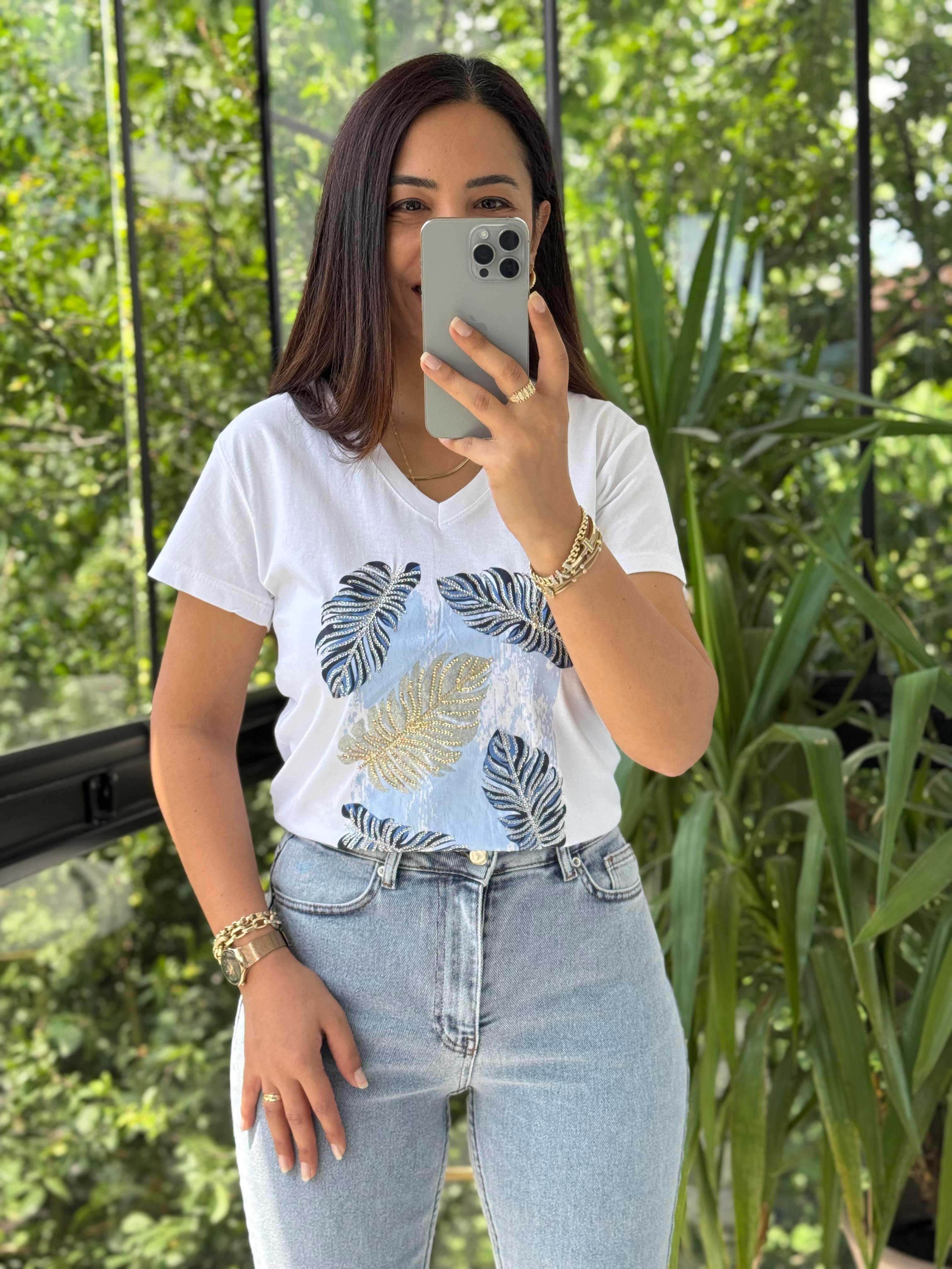 Pamuklu Tişört Gümüş Yapraklı