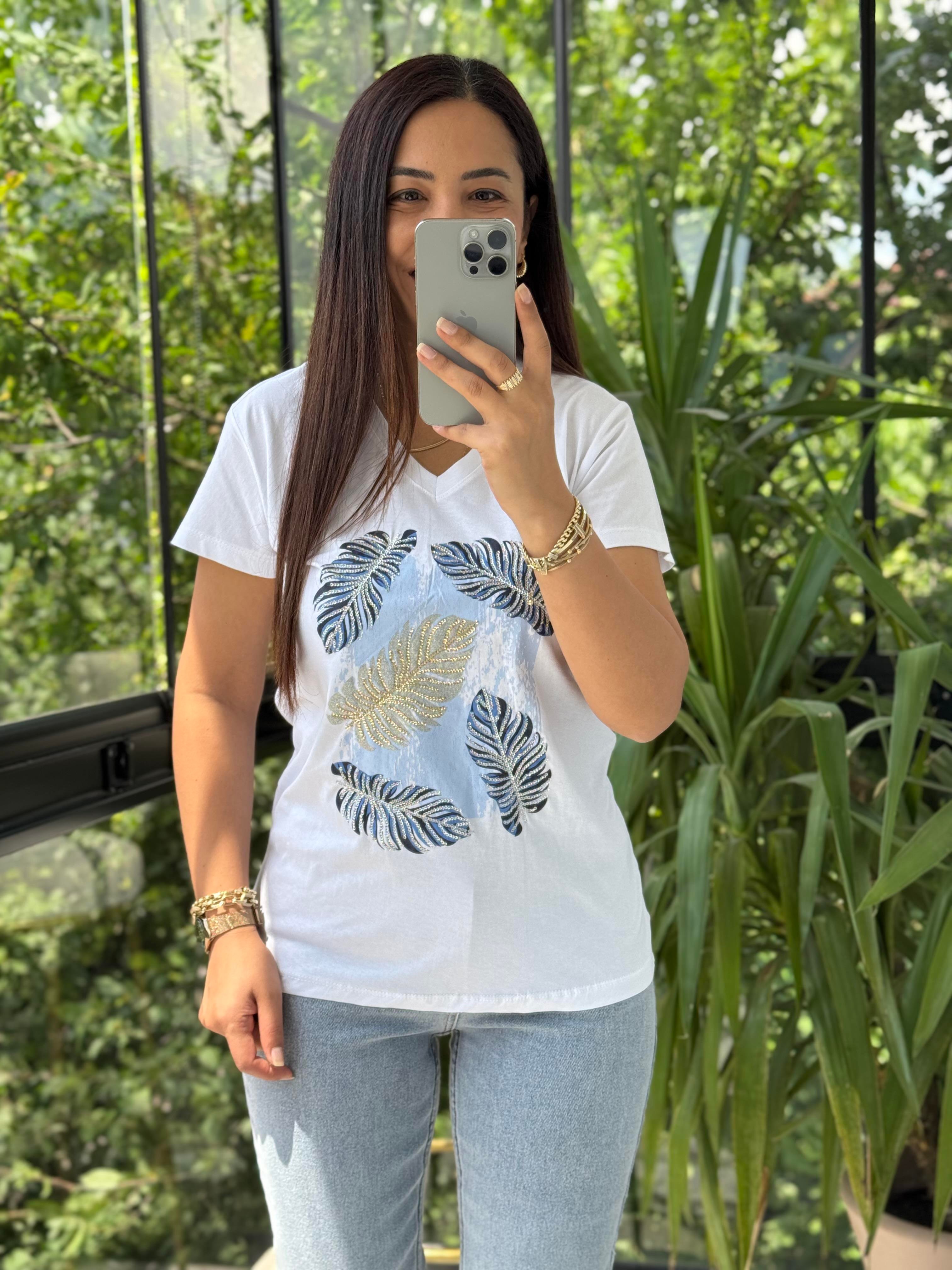 Pamuklu Tişört Gümüş Yapraklı