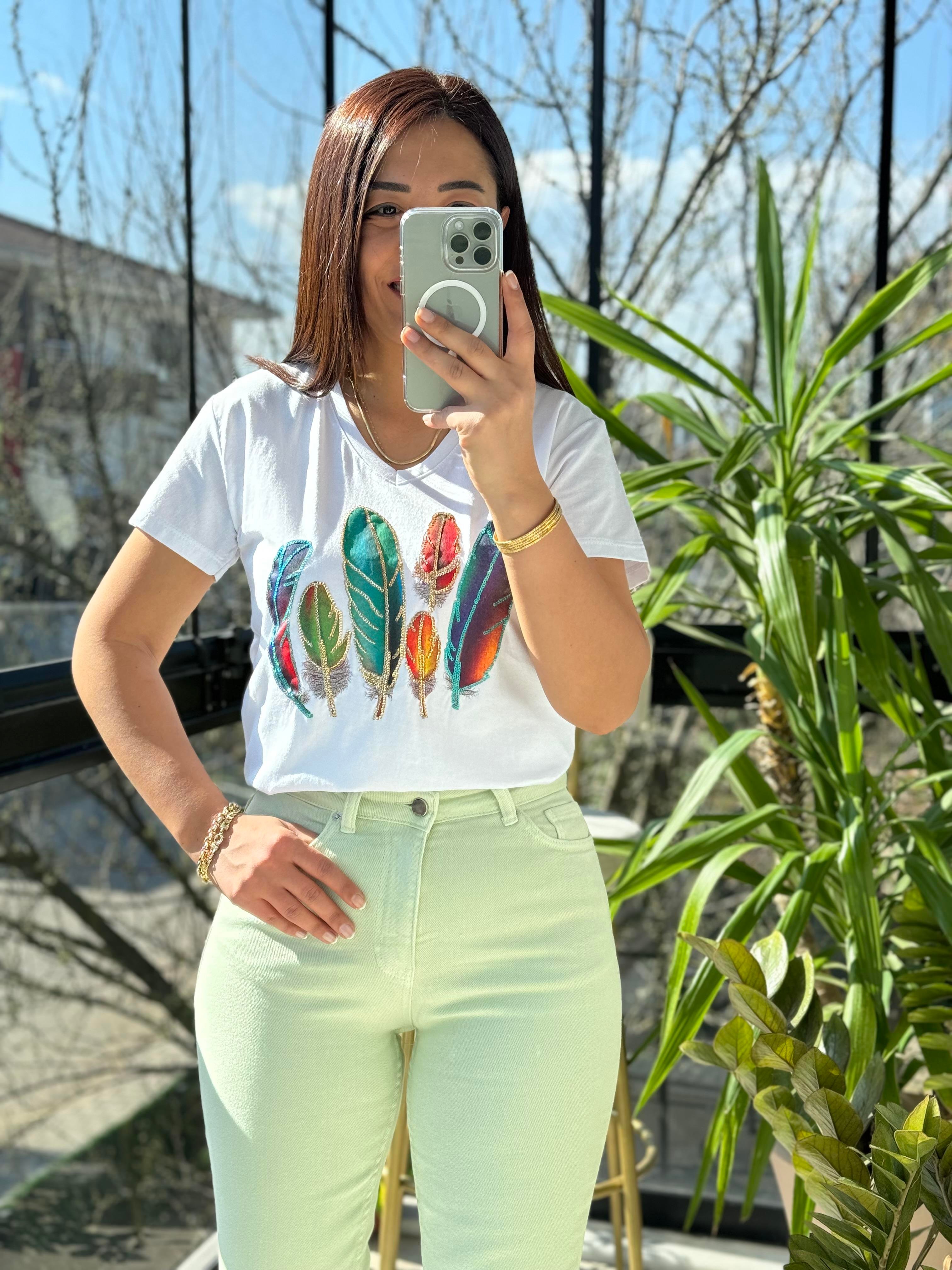 Pamuklu Tişört Kuş Tüylü