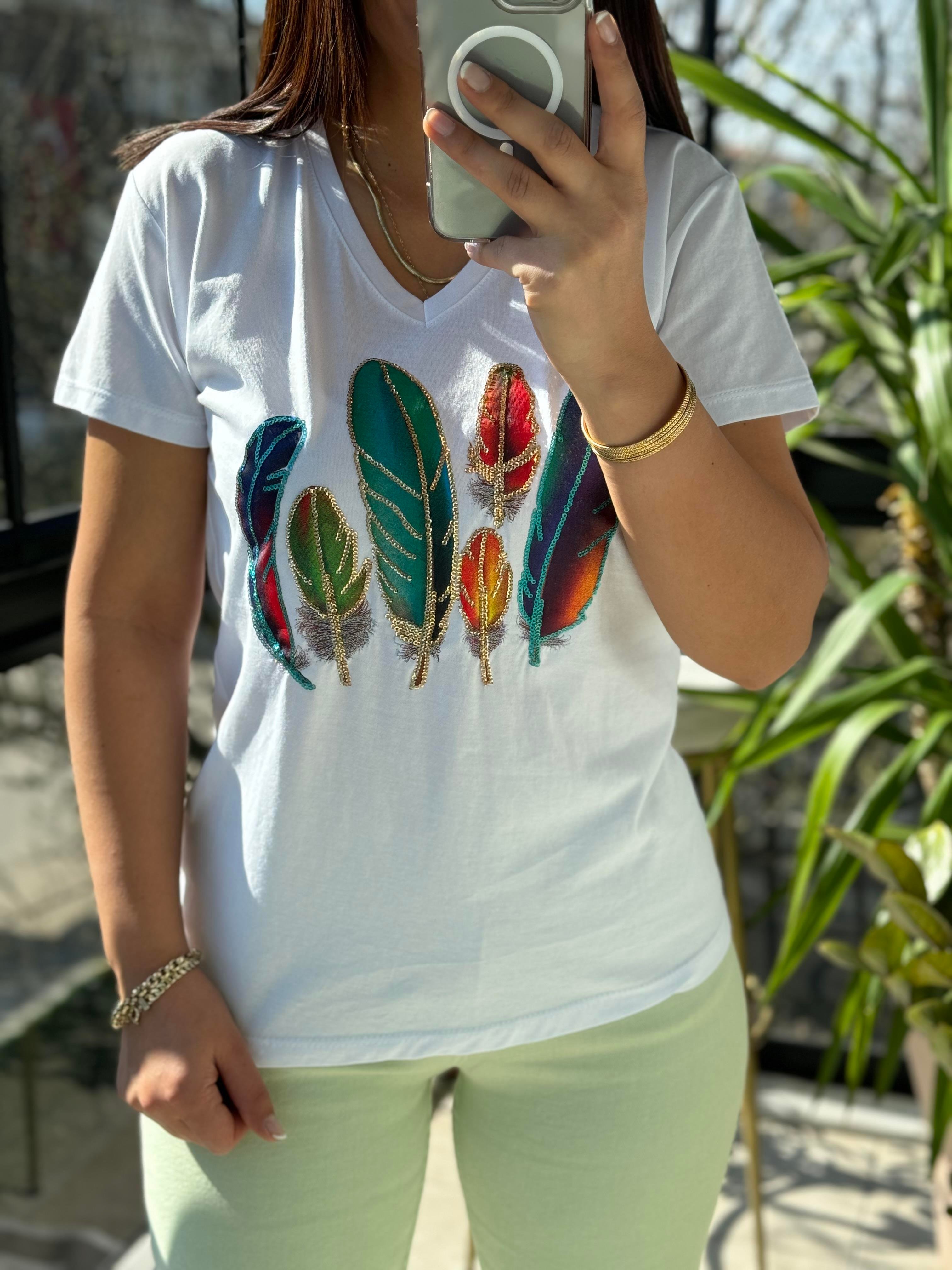 Pamuklu Tişört Kuş Tüylü